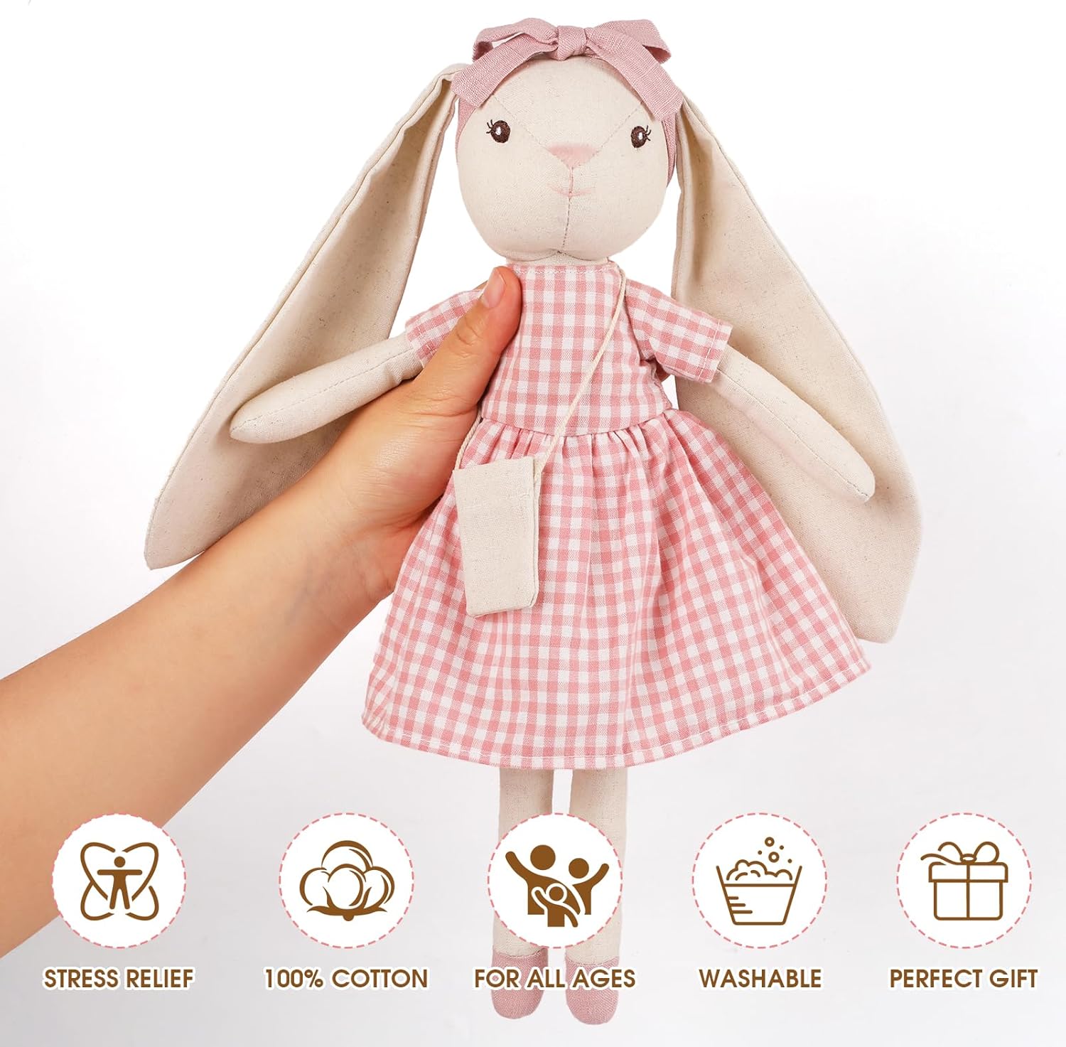 15" Bunny Stuffed Animal for Girls, Plush Toy Doll -Wearing Pink Plaid Dress,Cute Doll Set Dress Up for 3 4 5 Year Old Girl - Gift for Little Girl, Birthday, Easter,Christmas
