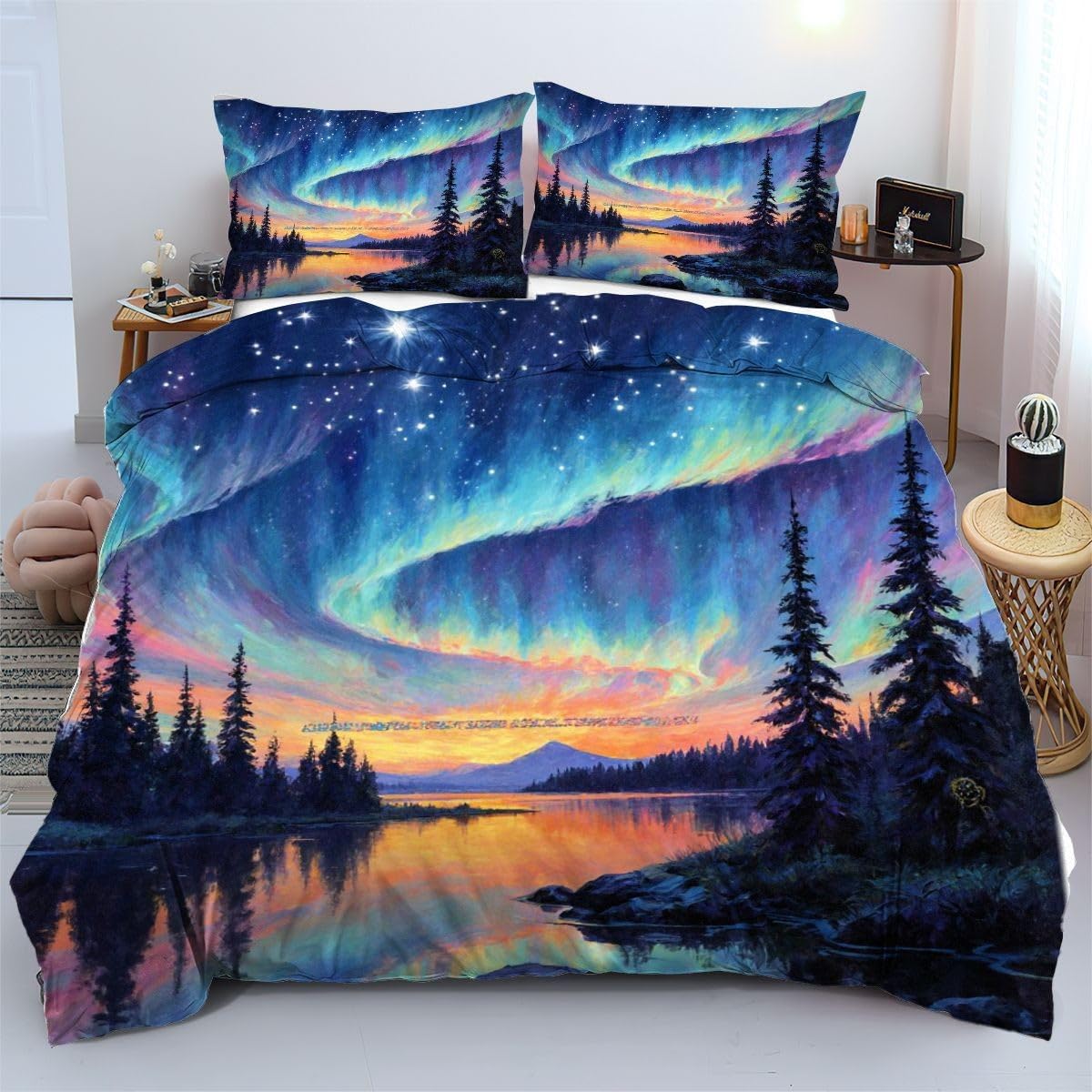 Parures de lit 240x260 cm aurores boréales 3D avec housse de couette en microfibre