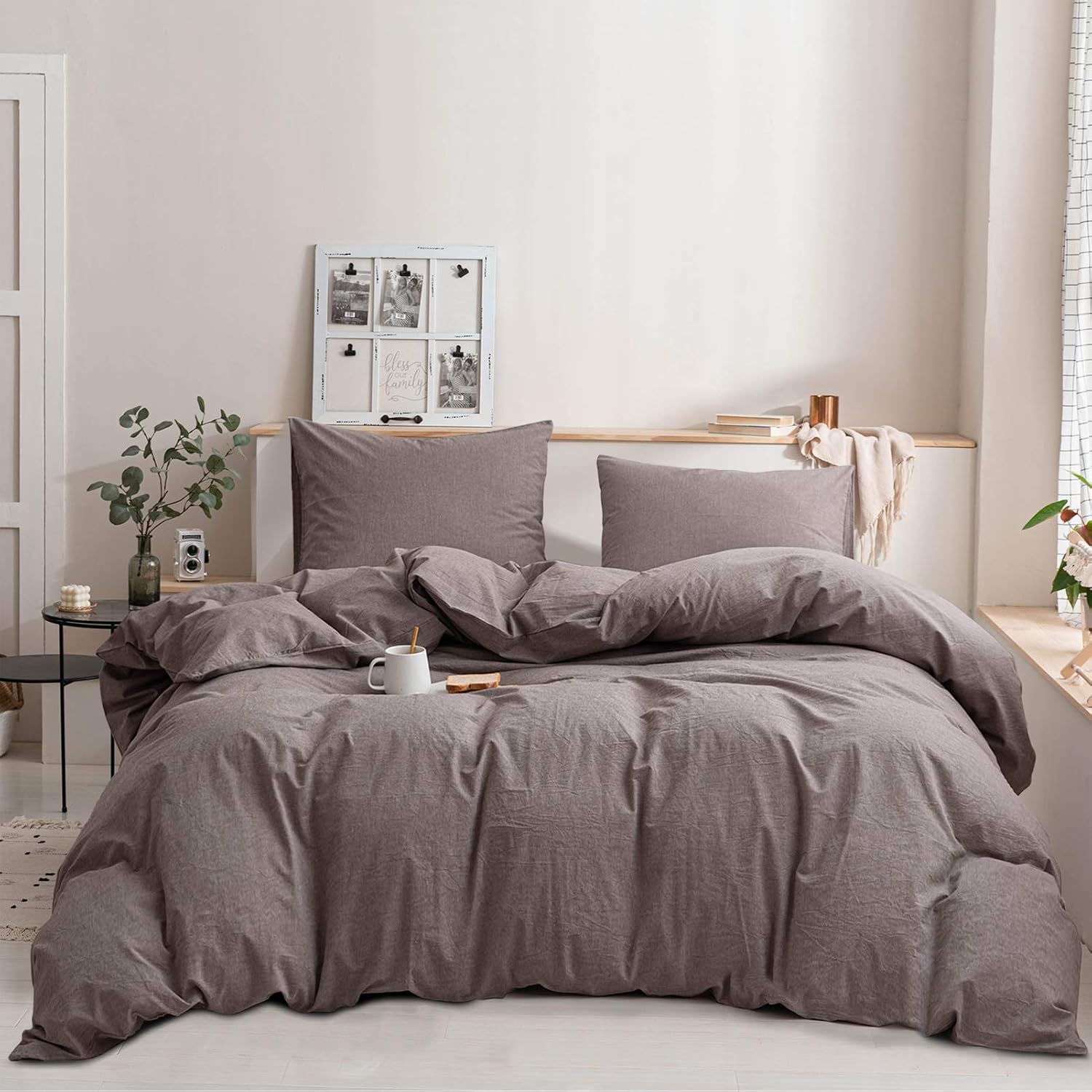 Travan Duvet Cover Ultra Soft 100% Washed Cotton Comforter Cover 3-Piece Hypoallergenic Solid Color Bedding Set Natural Wrinkled Look with Zipper Closure & Corner Ties (Bean Red, Queen)