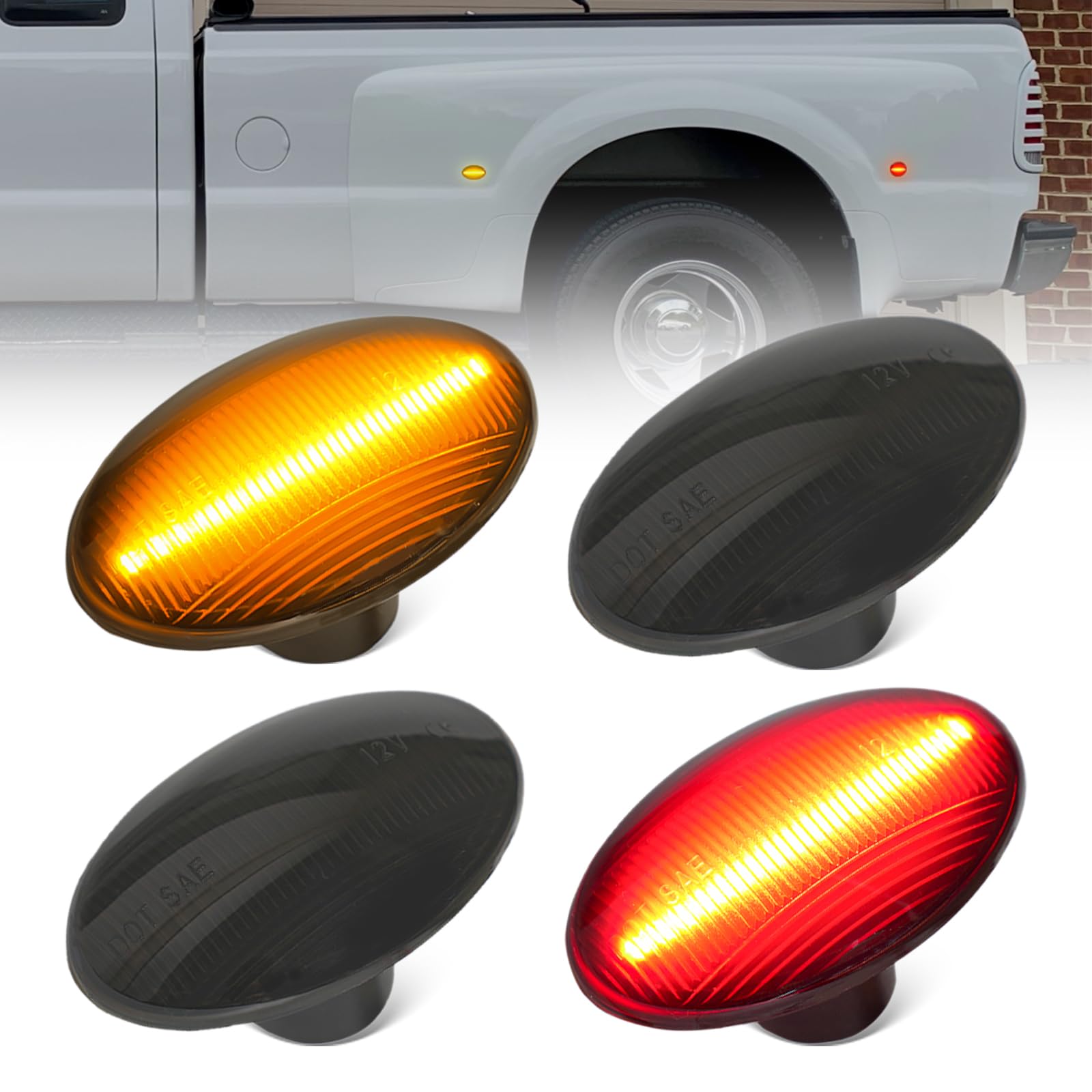PSEQT Smoked Len Dually Bed Fender Side Marker LED Lights For F250 F350 F450 F550 (Smoked Lens With 2 Red Lights, And 2 Amber Lights