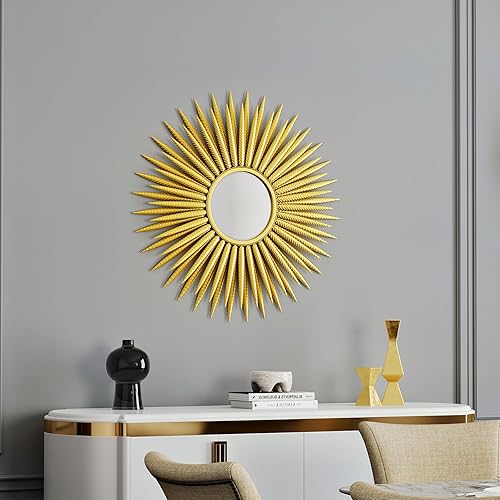 Miniatura 5 de Espejo de pared con forma de explosión de sol de oro antiguo, espejo redondo pequeño de 30 pulgadas para decoración de pared, espejos circulares