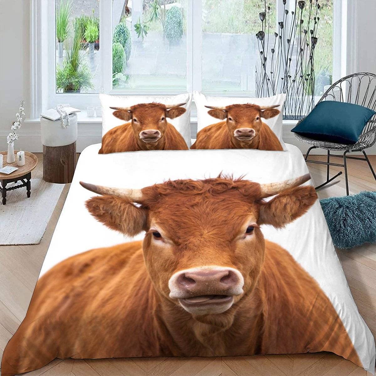 RFFLUX 3D Cow Single Duvet Cover Set 3 Pieces 135x200 Soft Microfiber Farm Animals Cattle Quilt Cover with Zipper Closure Easy Care Bedding Set with 2 Pillowcase for Kids Boys Girls Teens — image 1
