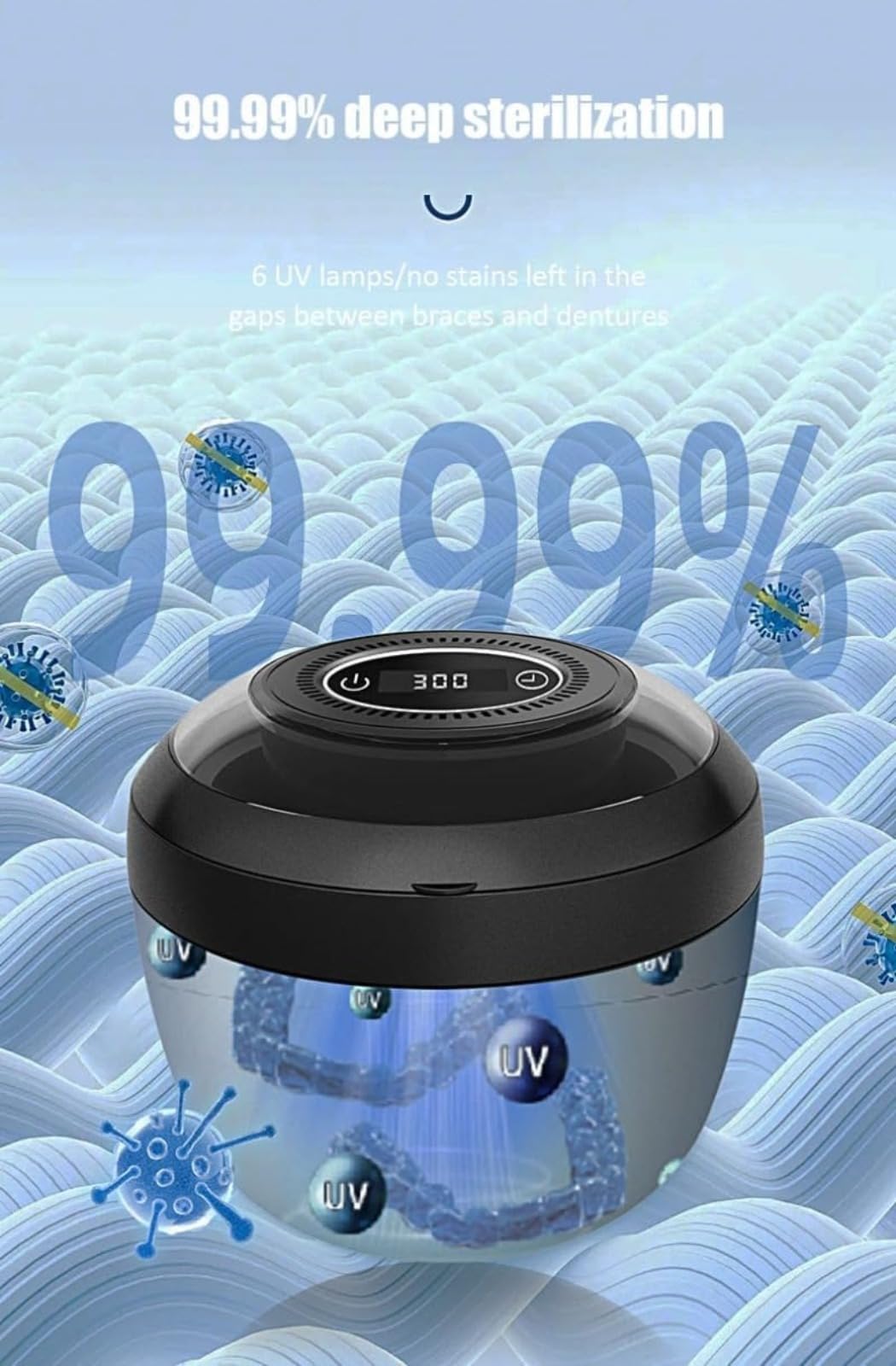 Sterylizator protezy, sterylizator UV, wskaźnik sterylizacji 99%, wyświetlacz cyfrowy, kompaktowy, do pielęgnacji protez