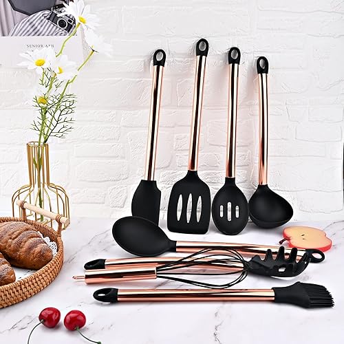 Miniatura 9 de Soporte de acero inoxidable para utensilios de cocina de cobre, organizador de utensilios de cocina para encimera, fácil de limpiar, oro rosa