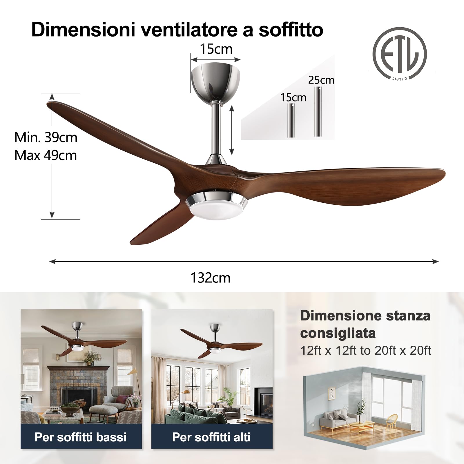 reiga 132cm Ventilatore da Soffitto con Lampada LED Dimmerabile, 3 Pale ABS, Telecomando, Motore CC Silenzioso, Inversione, 6 Velocità (Marrone-Scuro)