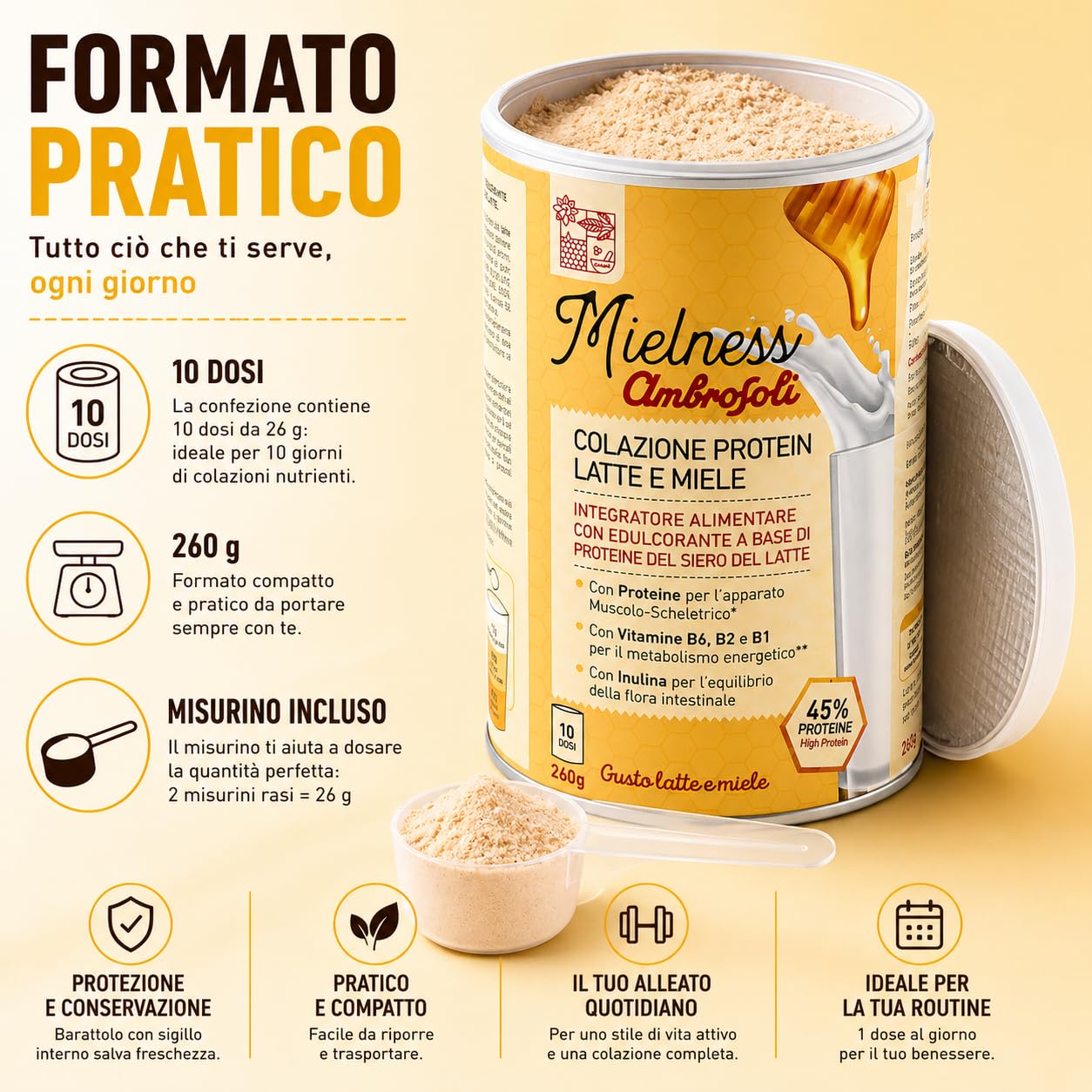 Ambrosoli Colazione Protein Latte e Miele, 260g, mix Proteico per Colazione e Shake (Confezione da 2)