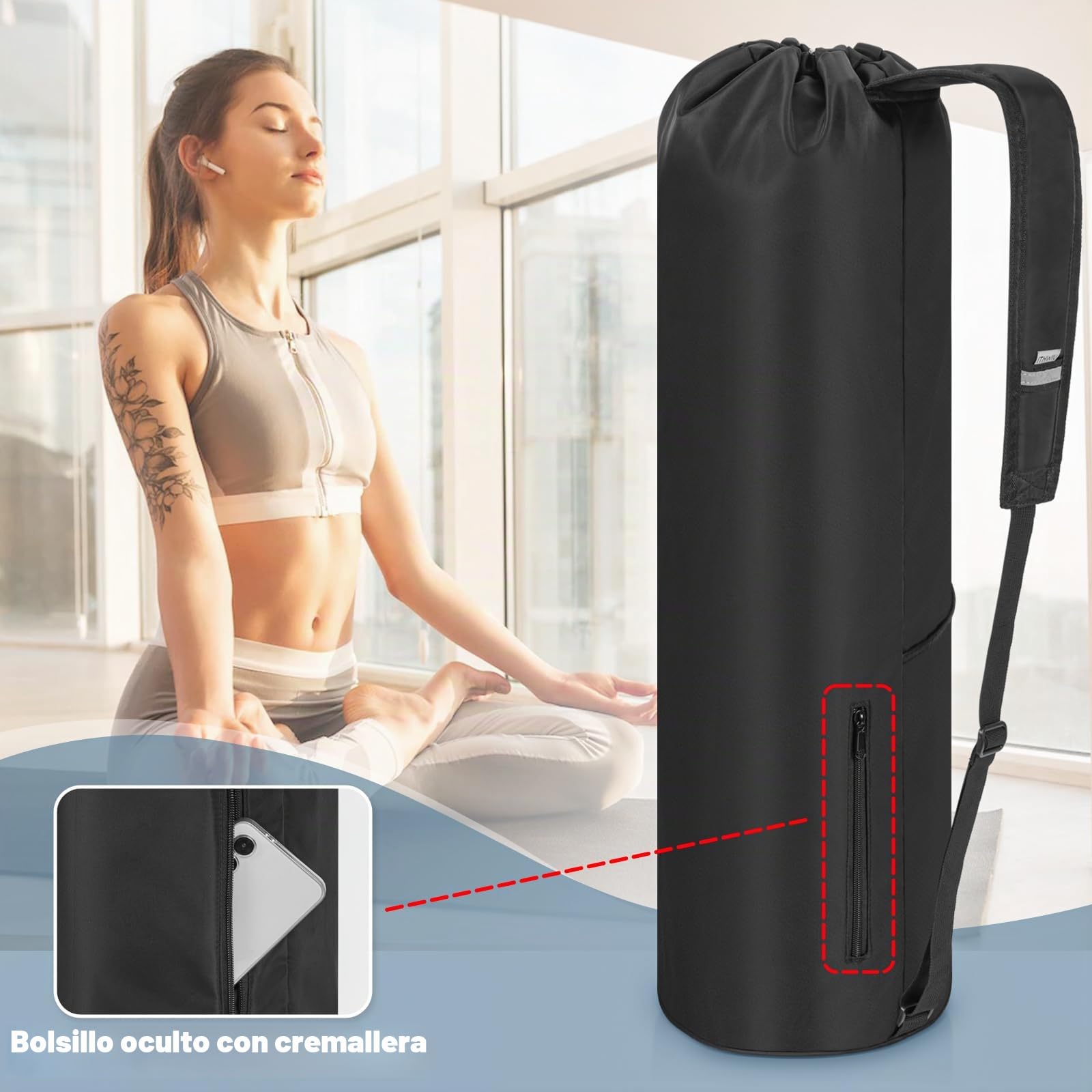 AKOZLIN Bolsa para esterilla de yoga con bolsillos de almacenamiento multifuncionales, bolsa de transporte impermeable con correa ajustable y para gimnasio, clase, viajes