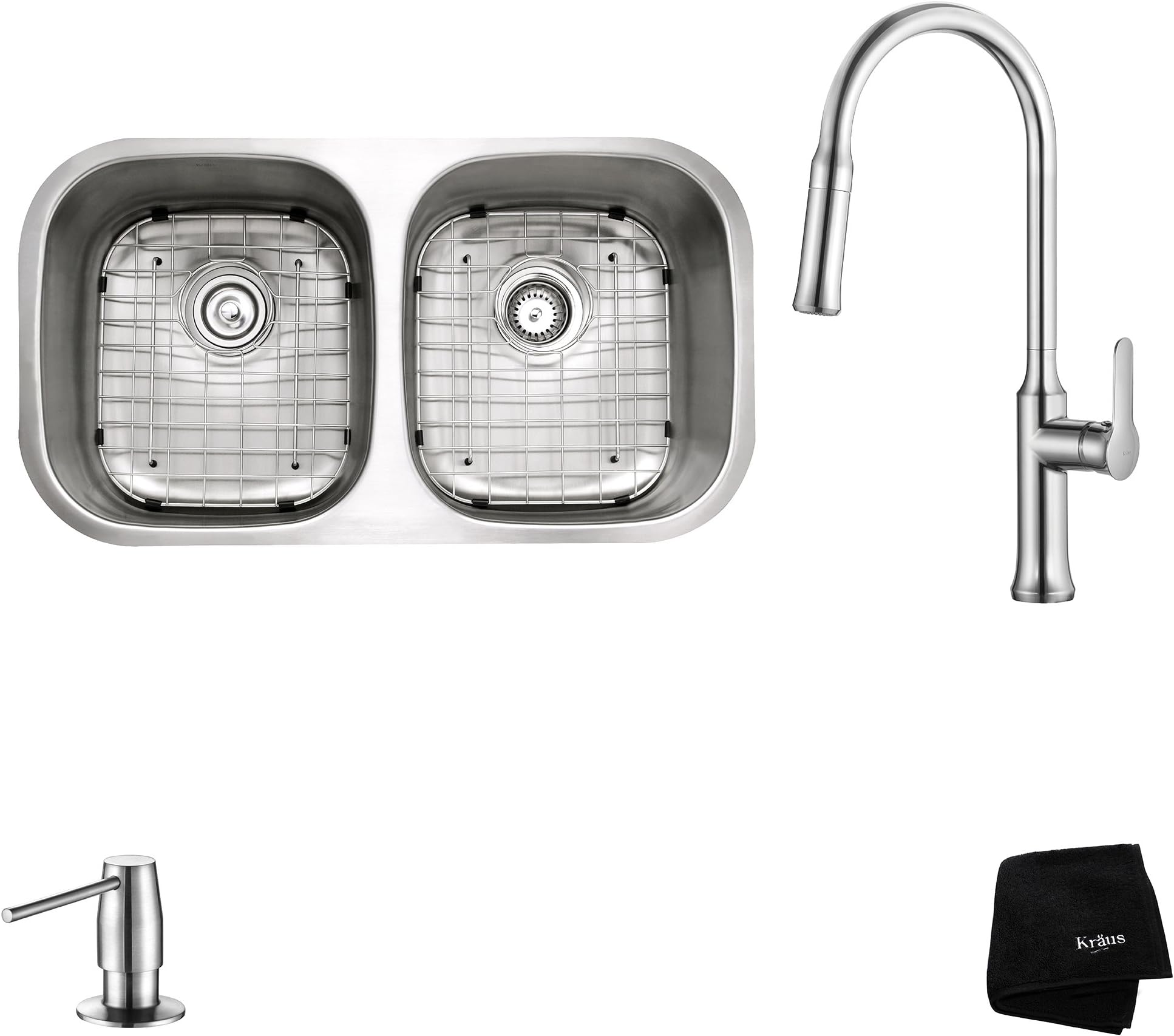 Kraus KBU22-1630-42CH Modern Undermount 50/50 Double Bowl Sink with Pull Down Faucet, 32", Chrome