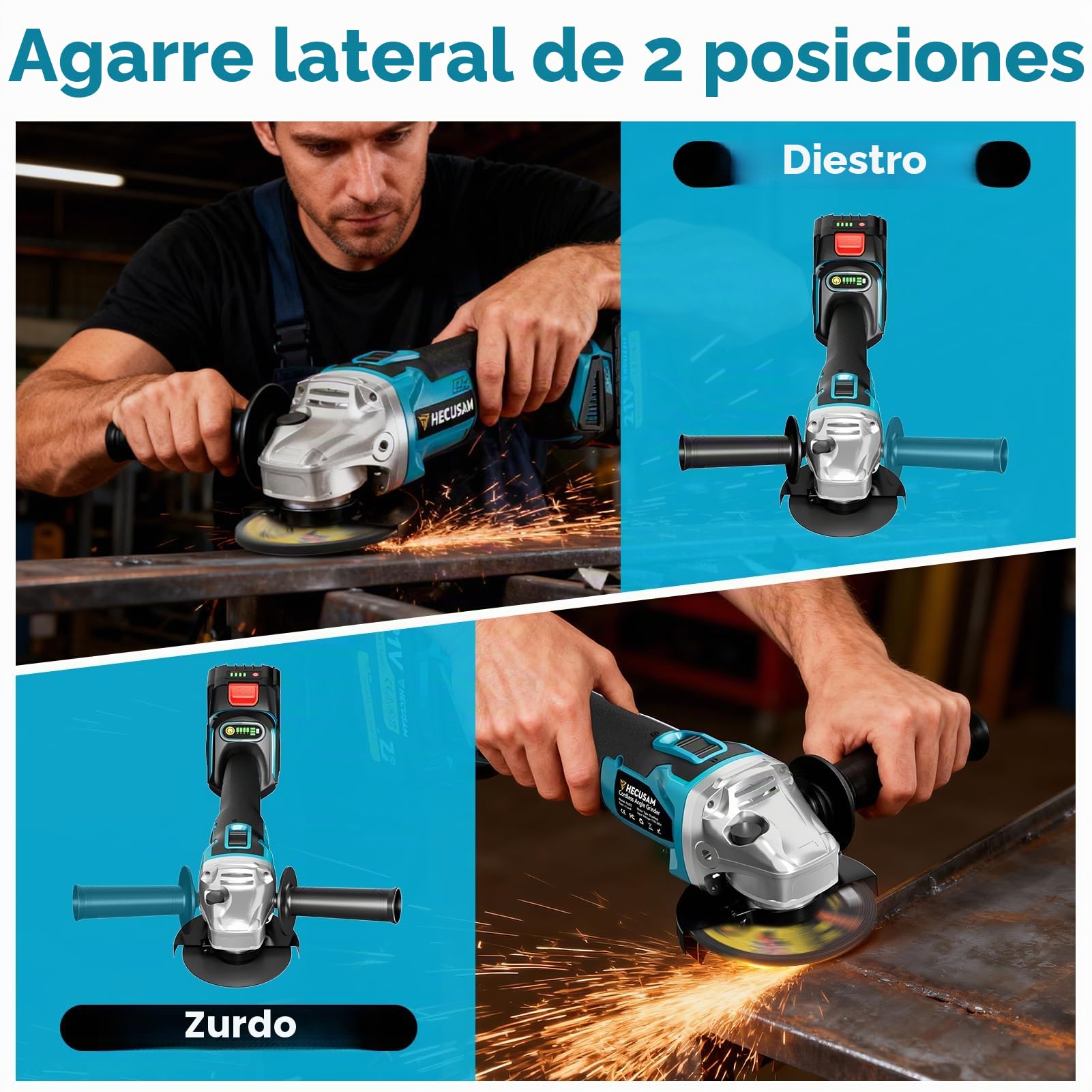 Amoladora angular con batería de 125 mm, juego de amoladora angular Flex con 2 baterías de 4.0 Ah, motor sin escobillas de 1200 W de 4 etapas de regulación 10.500 RPM, 10 piezas de discos de corte