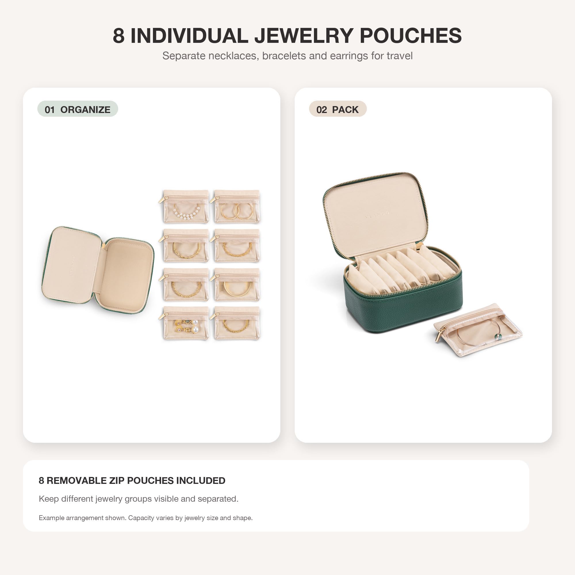 Vlando Joyero organizador de viaje, 8 pequeños bolsillos de terciopelo con cremallera para joyas, collares, anillos, aretes, clasificación, almacenamiento, color verde oscuro
