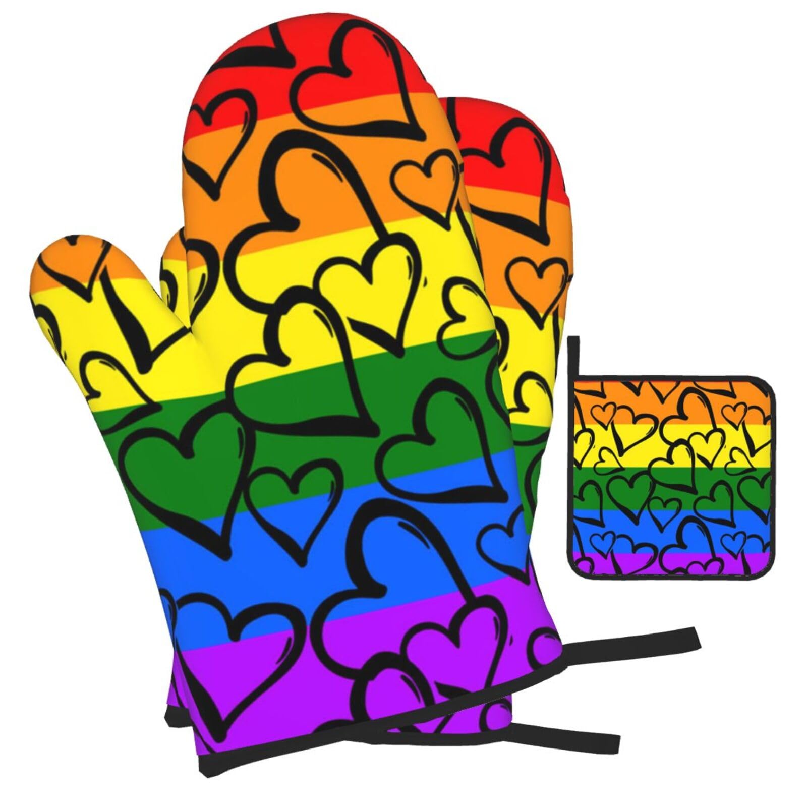 Gay Pride Rainbow Pattern Printed Oven Mitts and Pot Holders Heat Resistant Set of 3 Pcs, Modern Kitchen Gloves & Potholders for Cooking Baking Grilling
