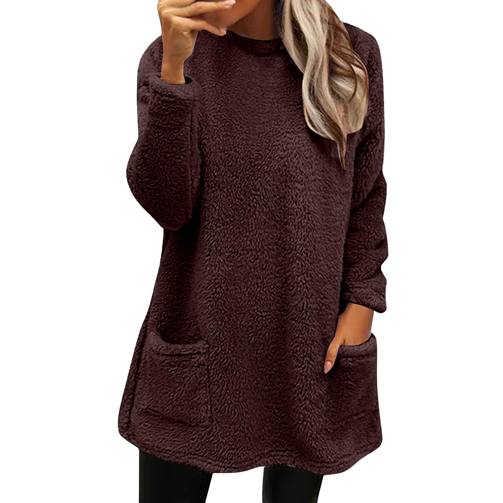 HRMJKSCWomen's Round Neck Hoodless Sweatshirts Winter Wool Plush Coat Plus Size Loose Jacket Long Sleeved Jumper With Pockets