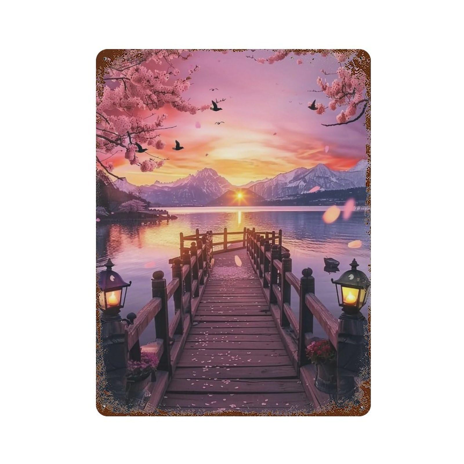 HDURYEYRYY Sakura Lake Sunset 02 Wall Retro Iron Vintage Art Metal Tin Sign Poster Modern Home Cofffee Club Art Bar Shop Decor Style 40x30cm