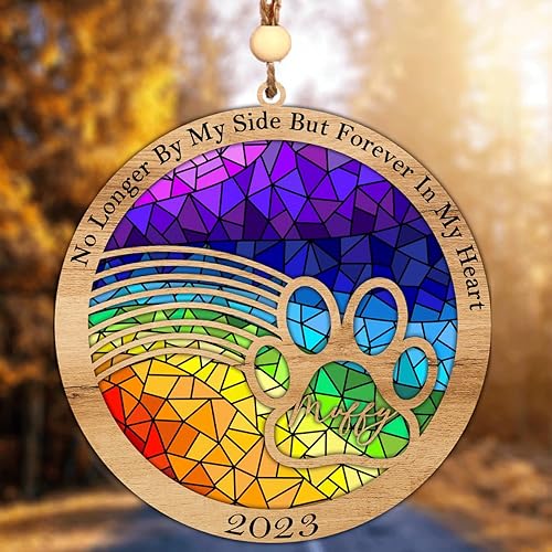 BROWN FACTORY Atrapasoles conmemorativo para perros, atrapasoles conmemorativo para mascotas, nombre, año, citas, fondo, Siempre en mi corazón,