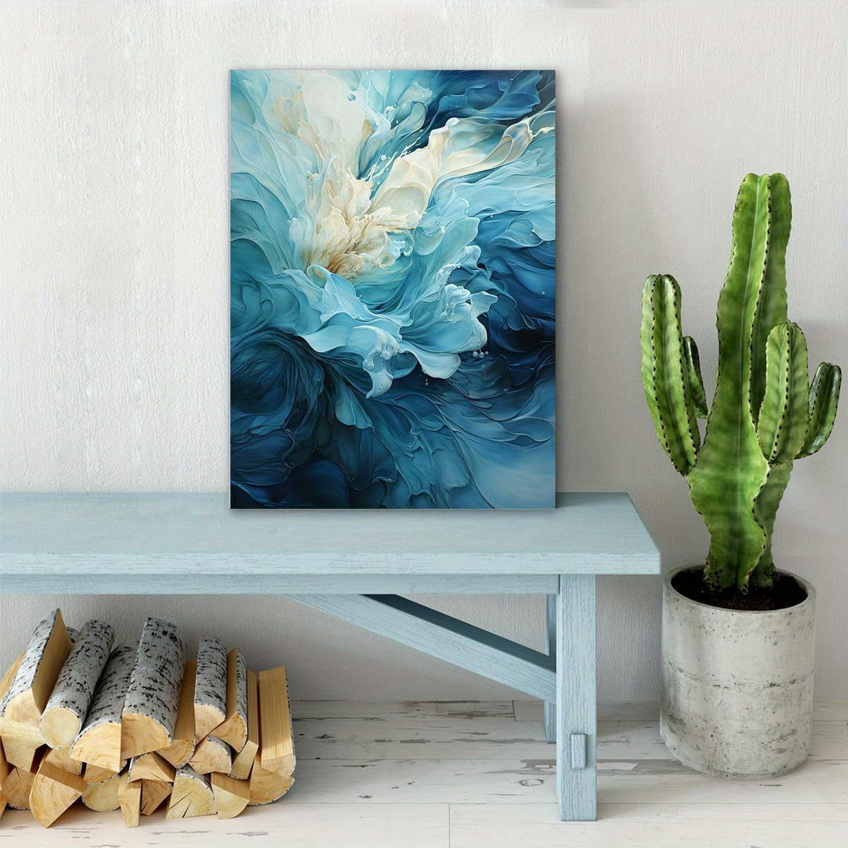 IHHGNB Modern Aqua Blue White Swirl Abstract Ocean Wall Art Canvas Painting for Home Decor Wall Pictures Artwork(70x90cm(26x35in)/No frame)