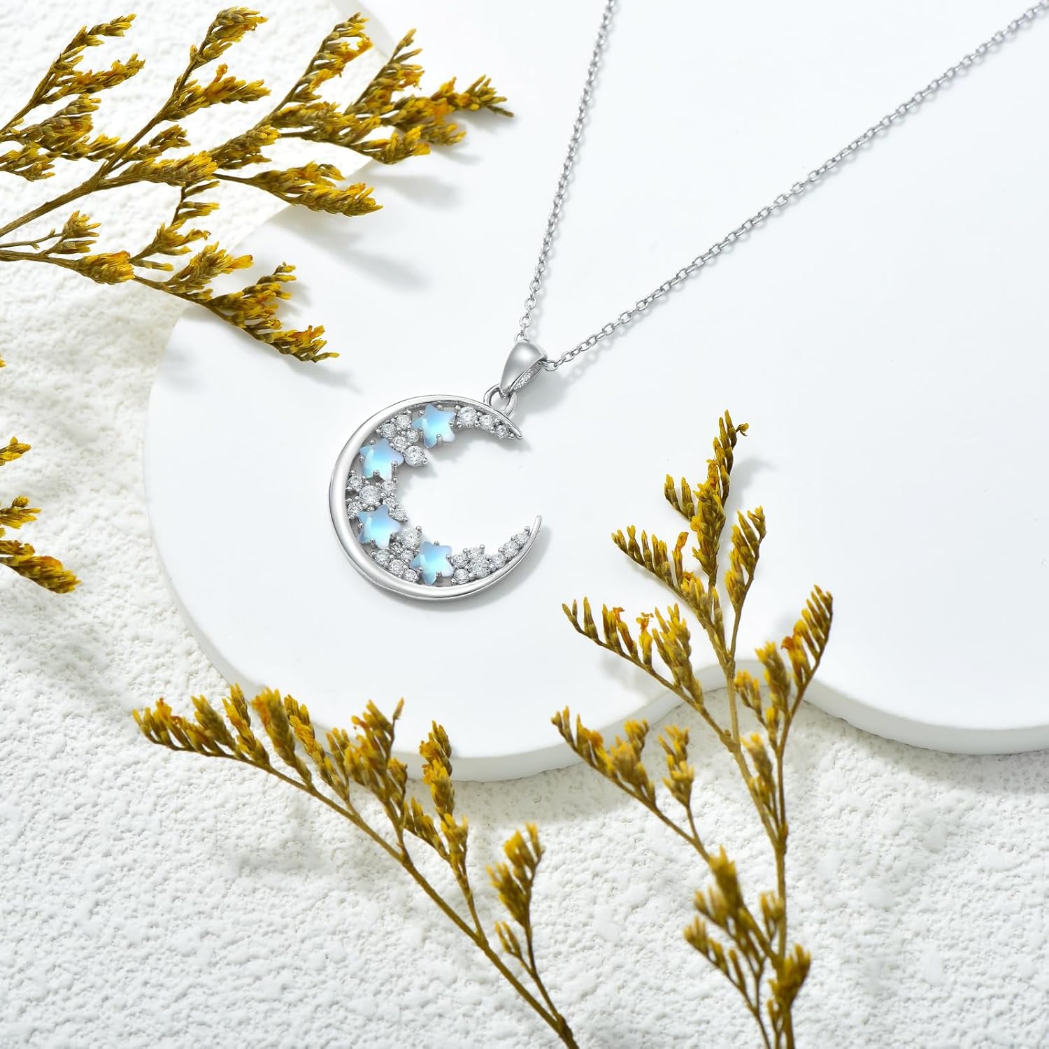 Moon and Star Necklace, 925 Sterling Silver Moonstone Pendant Jewelry Gifts for Women Girls Daughter 18+2’’ - Image 2