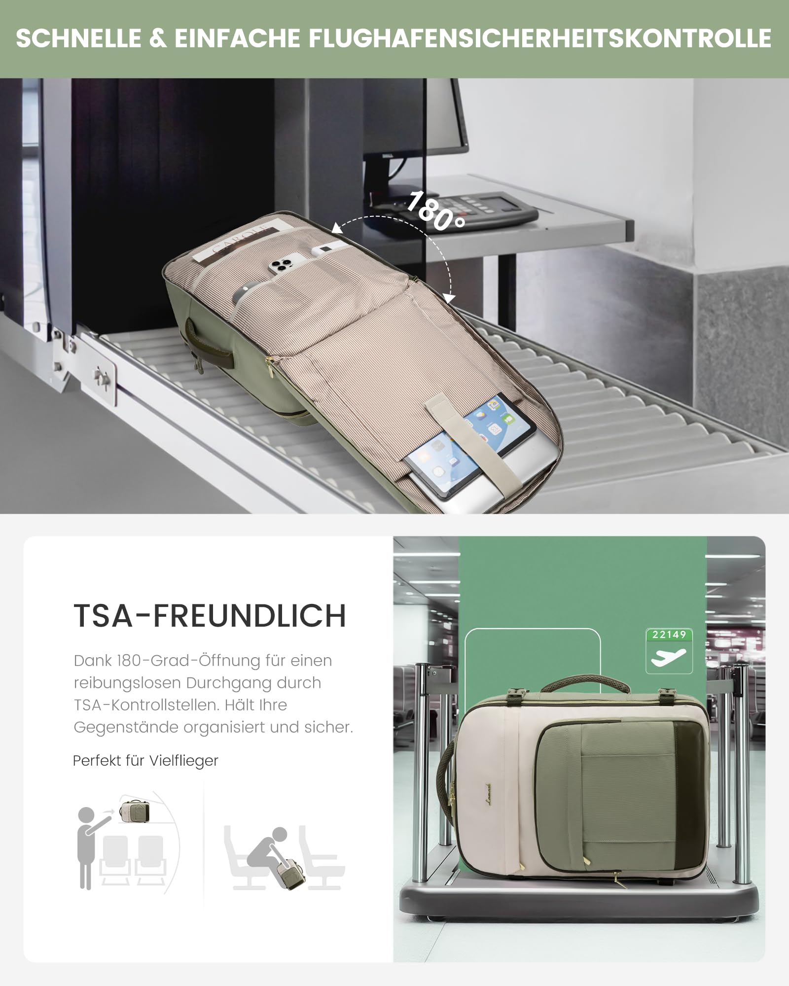 LOVEVOOK Rucksack Handgepäck Flugzeug, 40L Groß Reiserucksack Damen, Wasserdicht Travel Backpack für 17 Zoll Laptop, Kofferrucksack für Reise Arbeit Geschäftsreise Business Weekender, Olivgrün