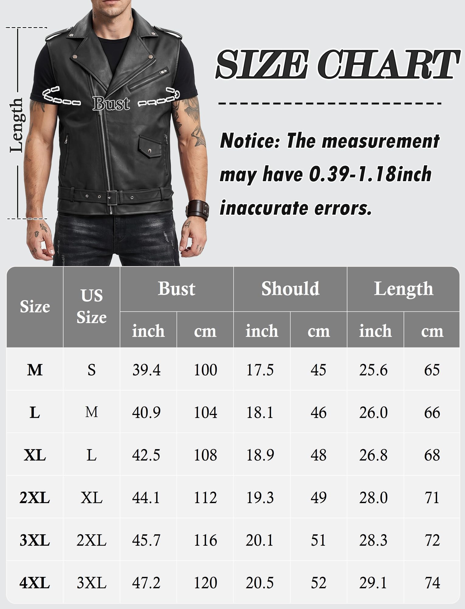 Gilet da motociclista da uomo, in pelle, senza maniche, XS-4XL