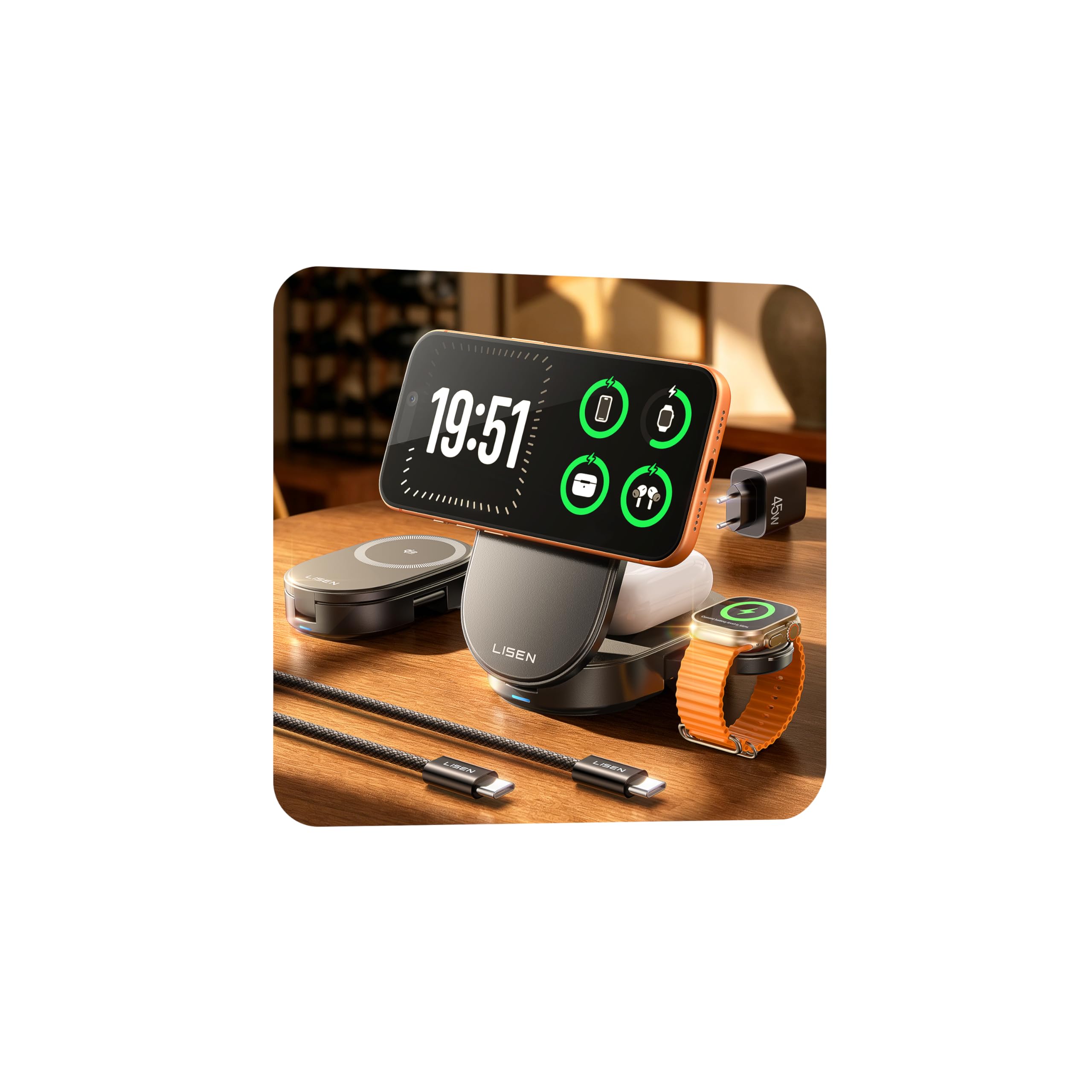 LISEN Station de Charge Apple Qi2.2 25W 3 en 1 - Station de Charge iPhone - Réglable à 70° - pour iPhone 17 Pro Max/16/15/14/13/Apple Watch/AirPods - avec Bloc d'alimentation 45 W