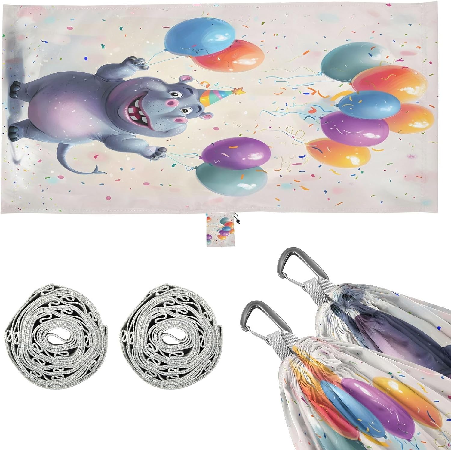 ALAZA Hippo and Balloons Camping Hammocks Single or 2 Person 500 lbs Portable Parachute Travel Hammock w/Tree Straps for Hiking Backpacking Indoor Outdoor