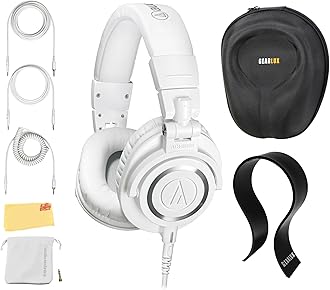 Audio-Technica ATH-M50x Professional Monitor Headphones - White Bundle with Case, Stand, and Austin Bazaar Polishing Cloth