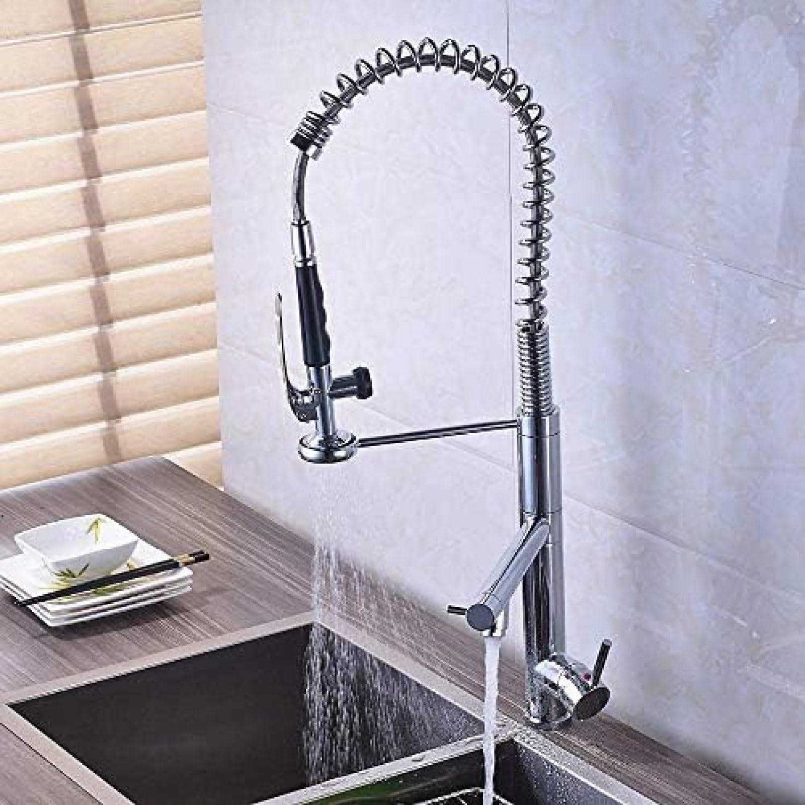 MXXQRHF Kitchen Taps Bright Chrome Spring Pull Down Kitchen Faucet Hands Free Sprayer Head with Lock Hot Cold Water Kitchen Mixer Tap Swivel Spout
