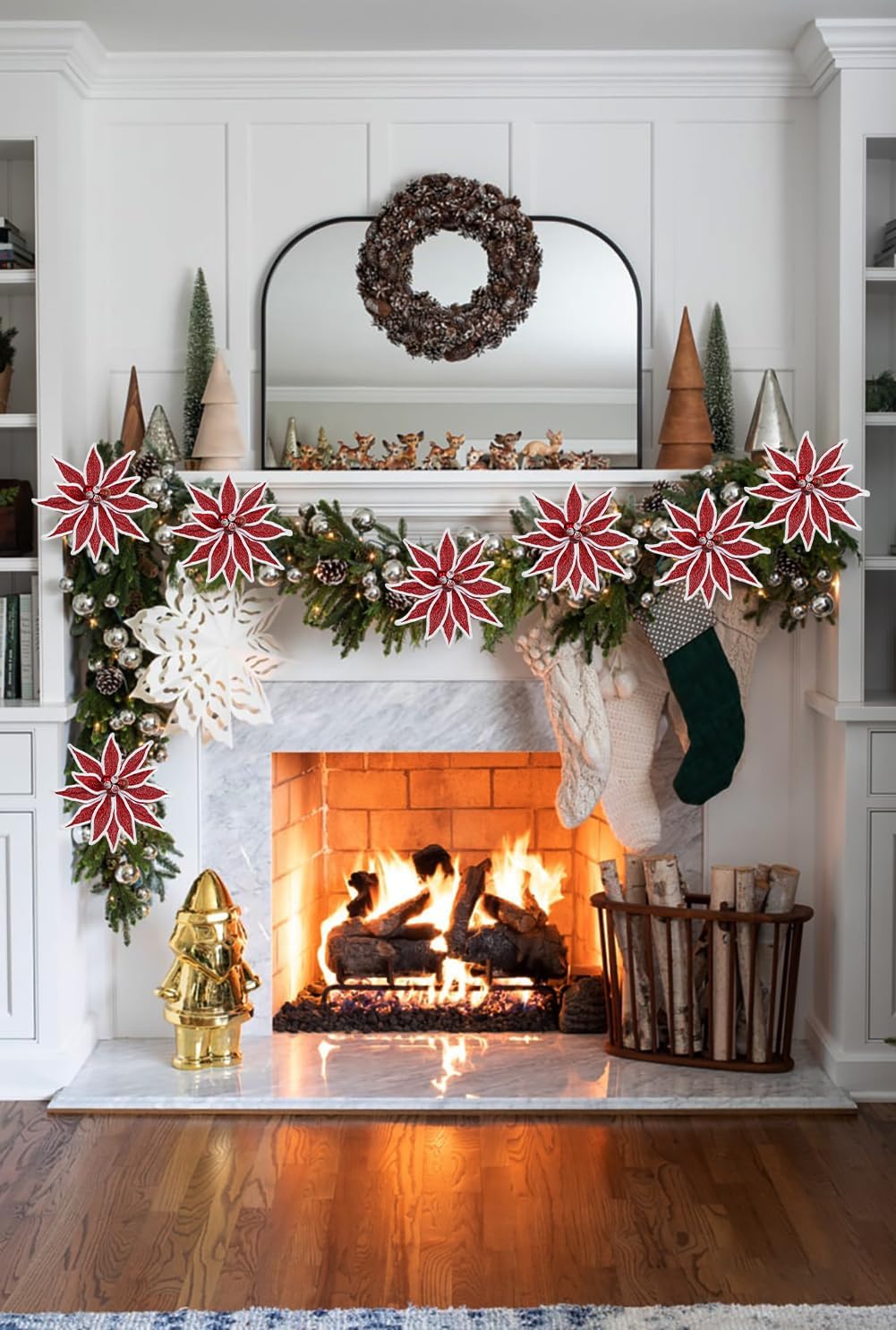 Briful 3PCS Red Poinsettia Artificial Christmas Flowers - 25.6" Long Stem Metallic Glitter Fabric Poinsettias Christmas Flower with White Fur Edges for Xmas Home Wreath Garland Arrangement DIY Decor