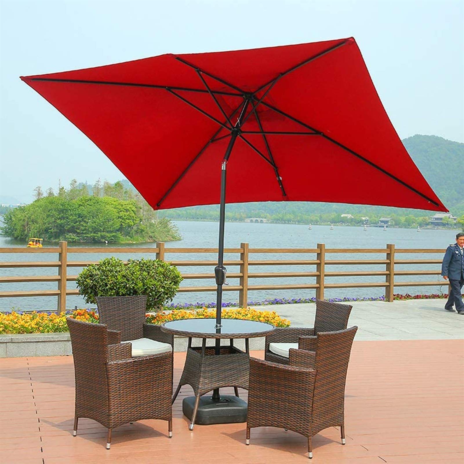 Parasol ogrodowy, bardzo duże prostokątne parasole ogrodowe, 8-metrowy parasol stołowy z korbą i odchyleniem, patio na świeżym powietrzu, basen na plaży, podwórko, parasole przeciwsłoneczne (czerwone