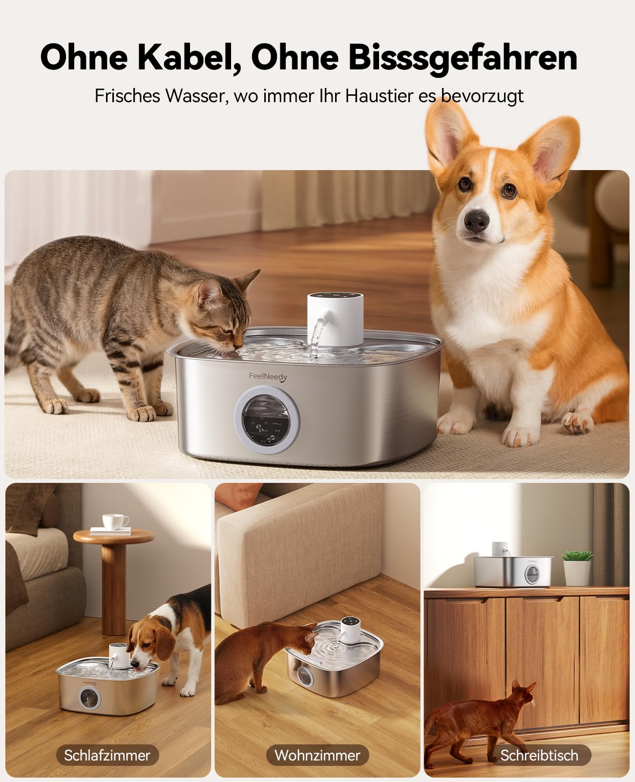 FEELNEEDY 8L Katzenbrunnen Kabellos, 5000mAh Trinkbrunnen für Hunde mit 3 Filters, Katzenbrunnen Edelstahl Spülmaschinenfest, Verbesserter Radarsensor