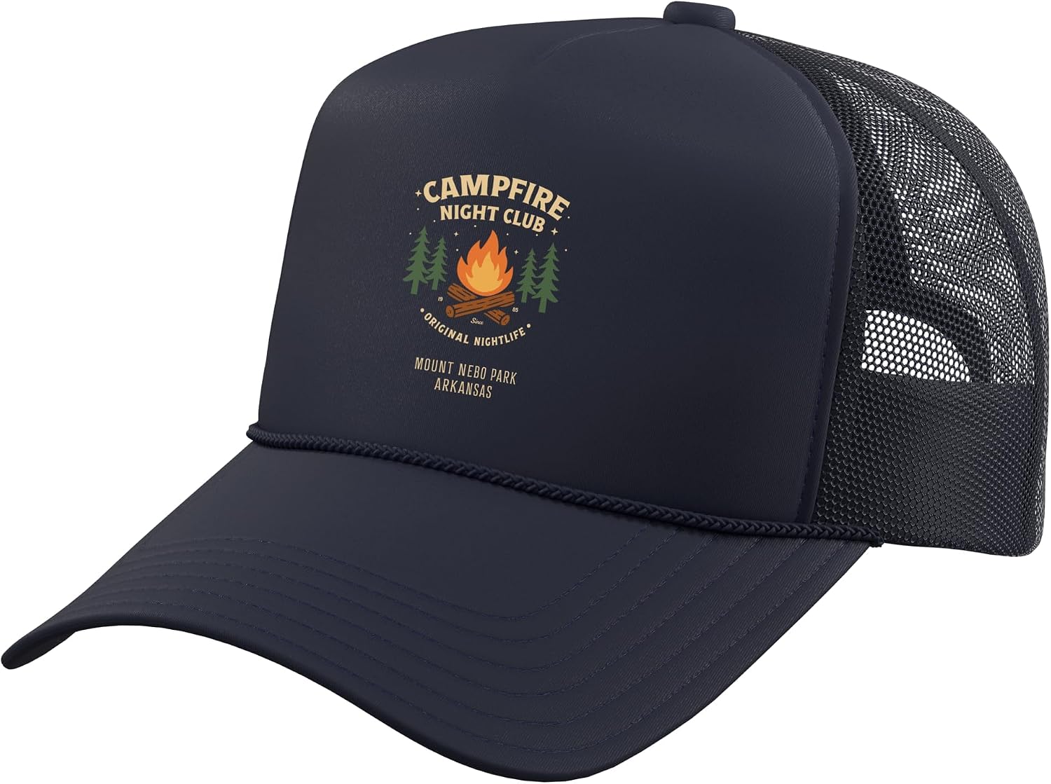 Campfire Night Club Mount Nebo Park Arkansas Camping Trucker Hat with Adjustable Mesh Back