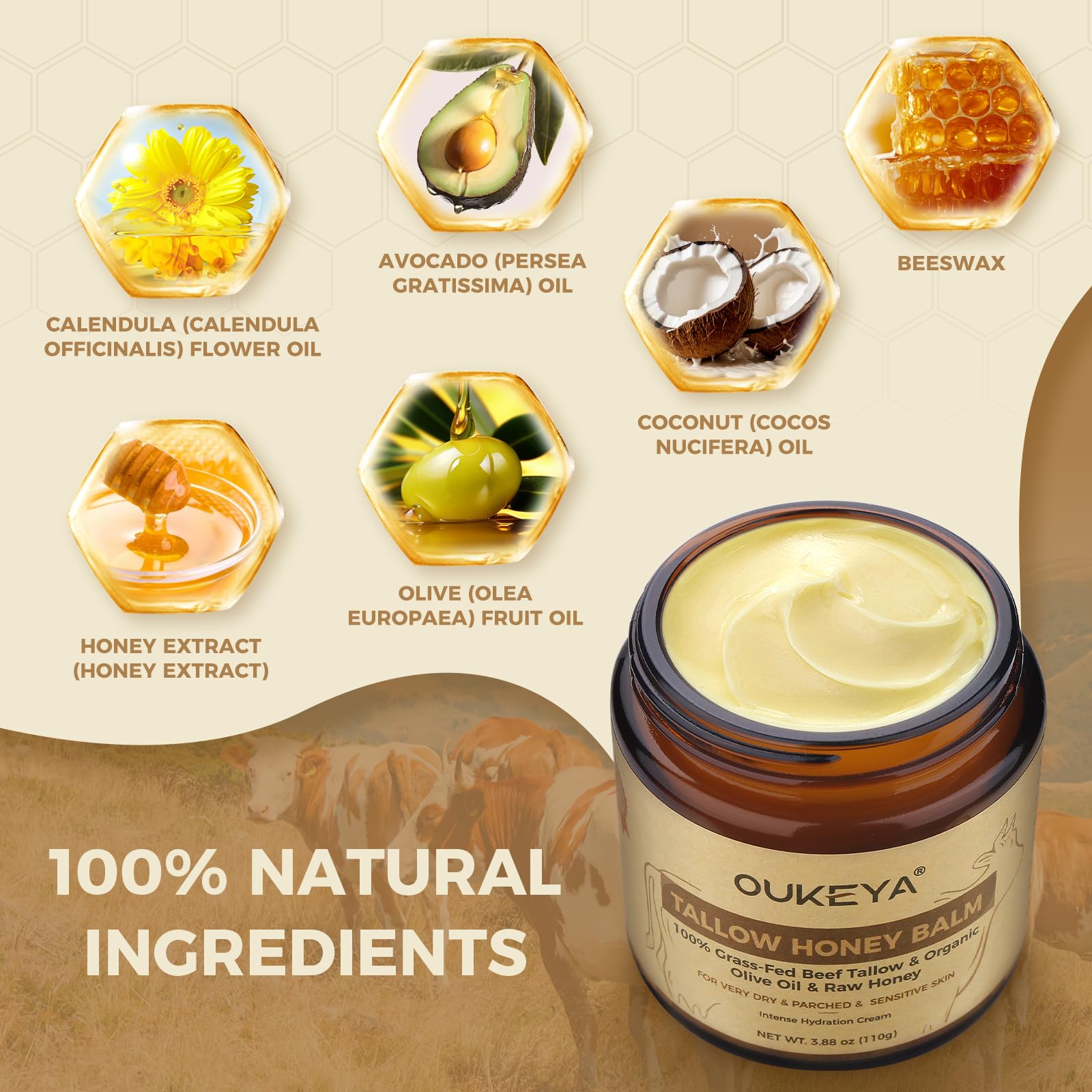 OUKEYA Beef Tallow Face Cream, Nutrimento Profondo Tallow Cream con Sego, Miele ed Estratti Vegetali di Cocco, Oliva, Avocado e Calendula, per Viso e Corpo (Versione Idratante Potenziata, 110g)