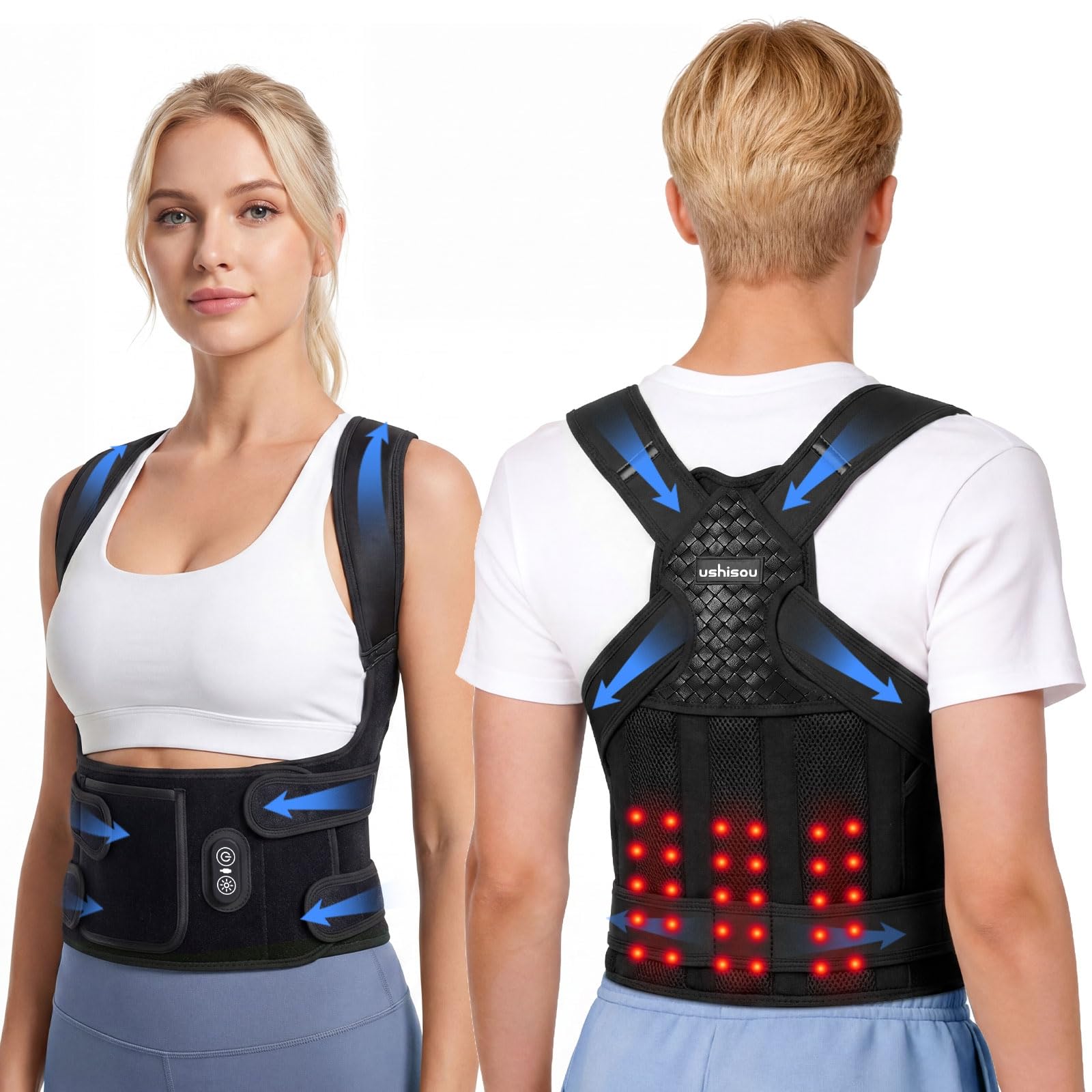 Fascia Posturale Spalle Schiena Uomo Donna - Correttore Posturale Elastico Regolabile con Funzione Luce Rossa LED e Supporto Lombare - Busto Traspirante per Raddrizza Schiena, Migliora la Postura (L)
