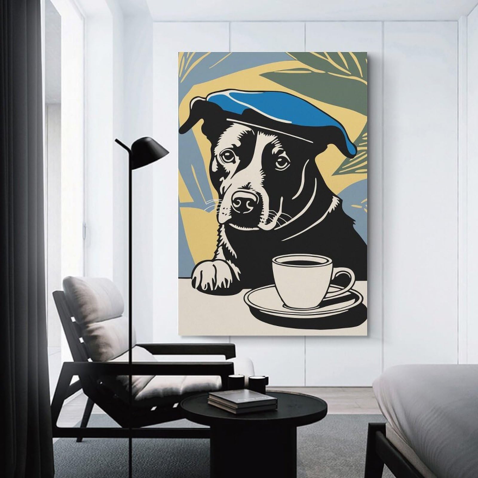 Junmoney Canvas Art Print Dog in Beret with Coffee, 24x36inch(60x90cm), for Gallery Wall Layouts in Home Or Office, A Versatile Canvas Print for Layering