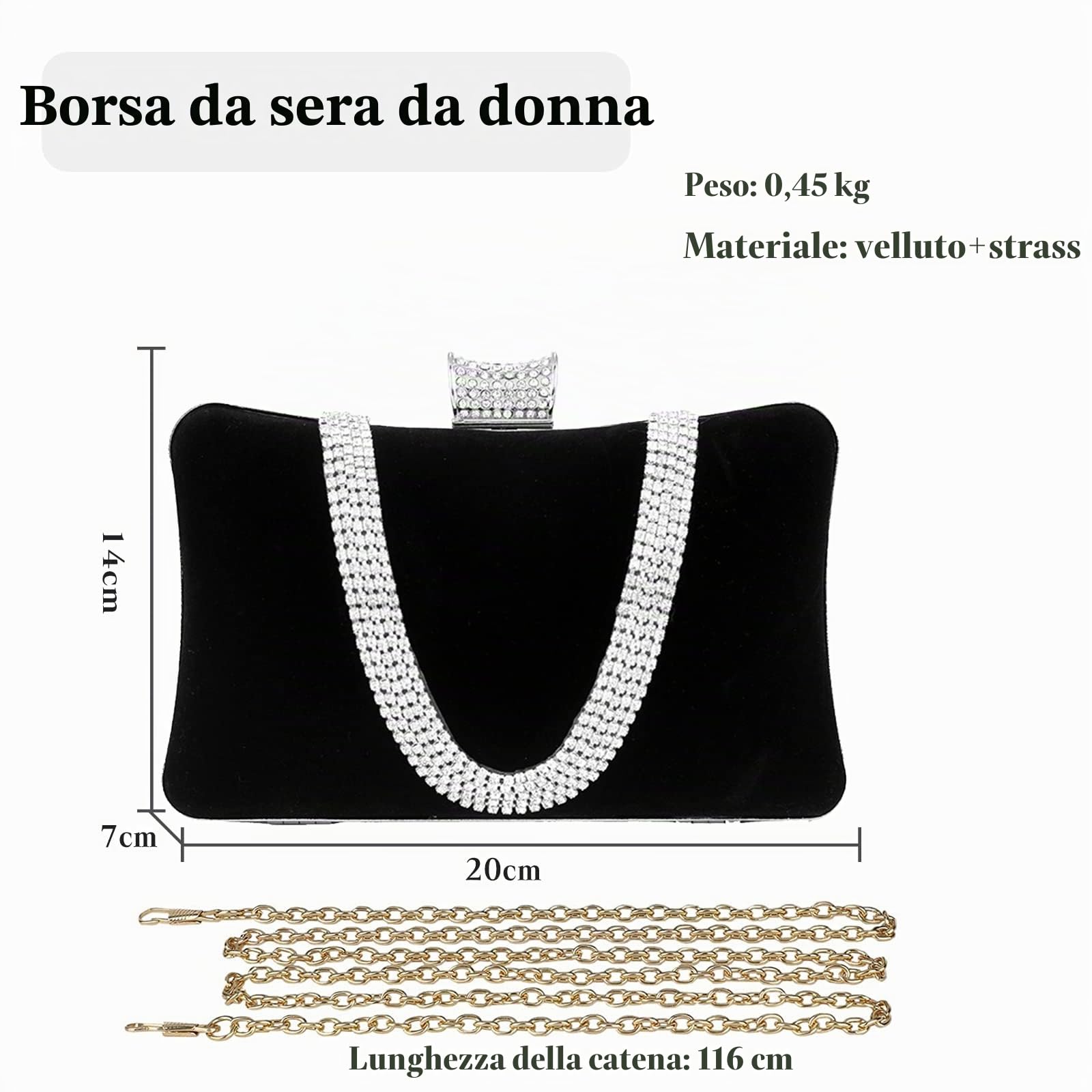 CORIOS Borsetta da Sera Donna Velluto Pochette Strass Cerimonia Clutch Borsa a Tracolla Borsa Sposa Pochette Piccolo con Catena Elegante Borse Messenger per Cocktail Festa Cerimonia Ballo Nero