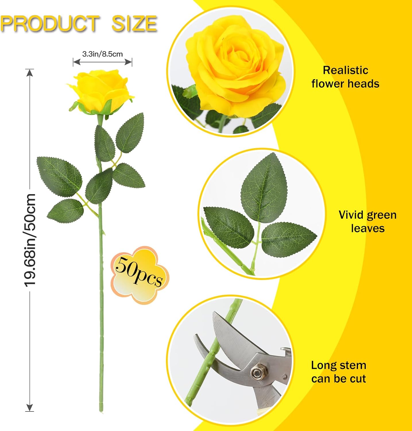 50PCS Artificial Silk Roses in Bulk & Bouquet Long Stem – Realistic Fake Roses for Wedding Centerpieces, Home Decor, Floral Arrangements, Party Decoration (Yellow) - Image 2