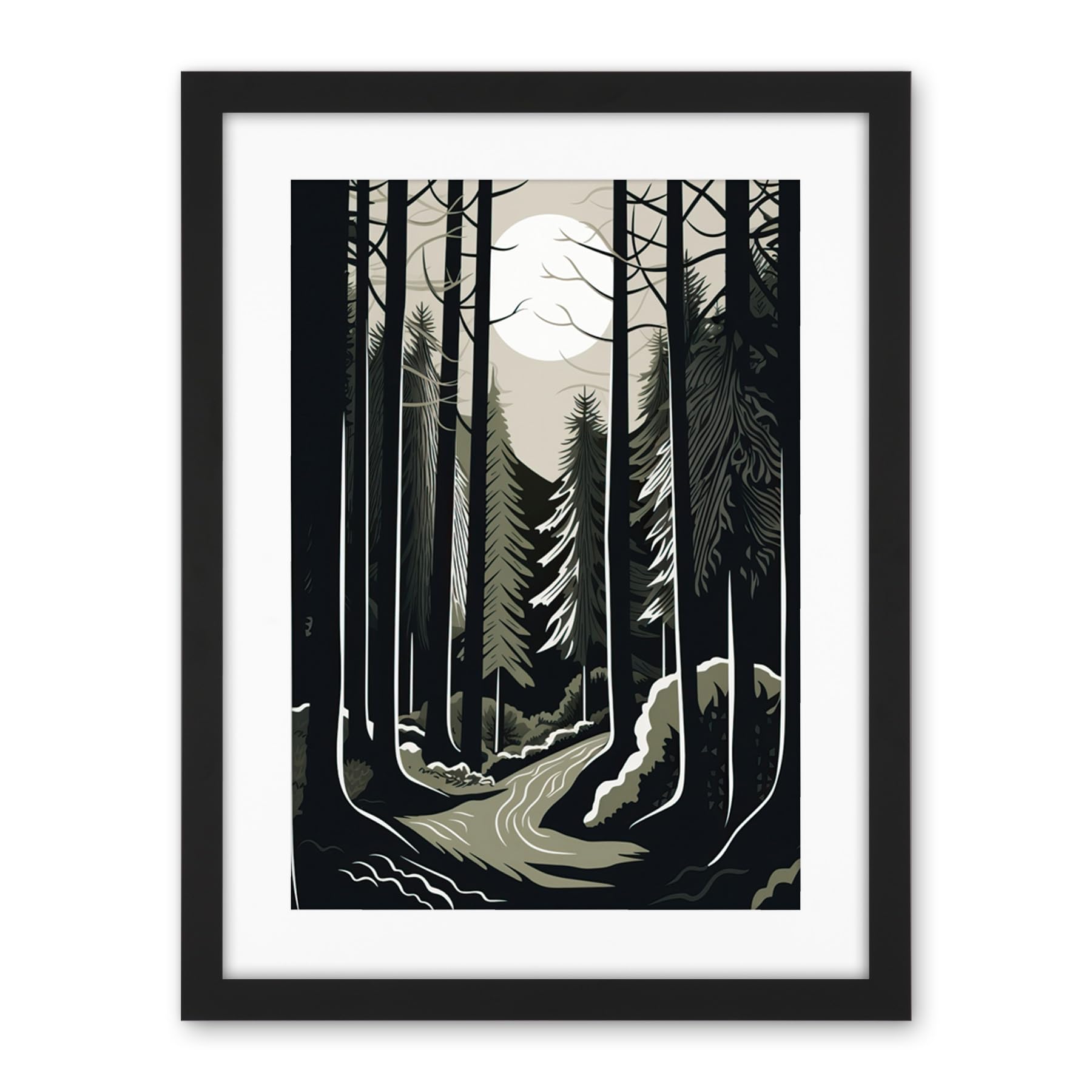 Artery8 Full Moon Night at Pine Forest Landscape Linocut Artwork Framed Wall Art Print 18X24 Inch