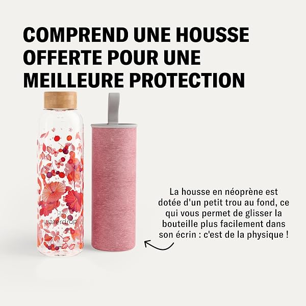 waterdrop® Bouteille en Verre 600ml – Gourde Réutilisable en Verre Borosilicate avec Bouchon Bambou et Housse, Sans BPA, Étanche, Idéale pour Maison, Bureau, Sport, Voyage - 3