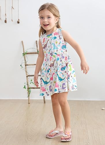 Miniatura 4 de Popshion Vestidos de verano para niñas con estampado de leopardo, vestido con lazo en la espalda, ropa de dinosaurio, sin mangas, para niños