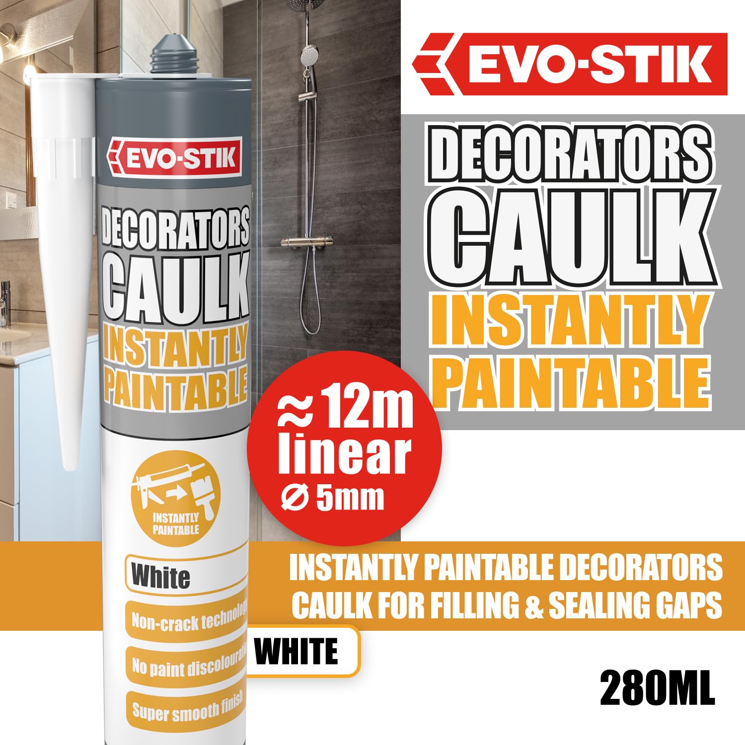 EVO-STIK Instantly Paintable Decorators Caulk White, Can be Overpainted Immediately, Won’t Crack or Discolour, Smooth Finish, 290ml - Image 2