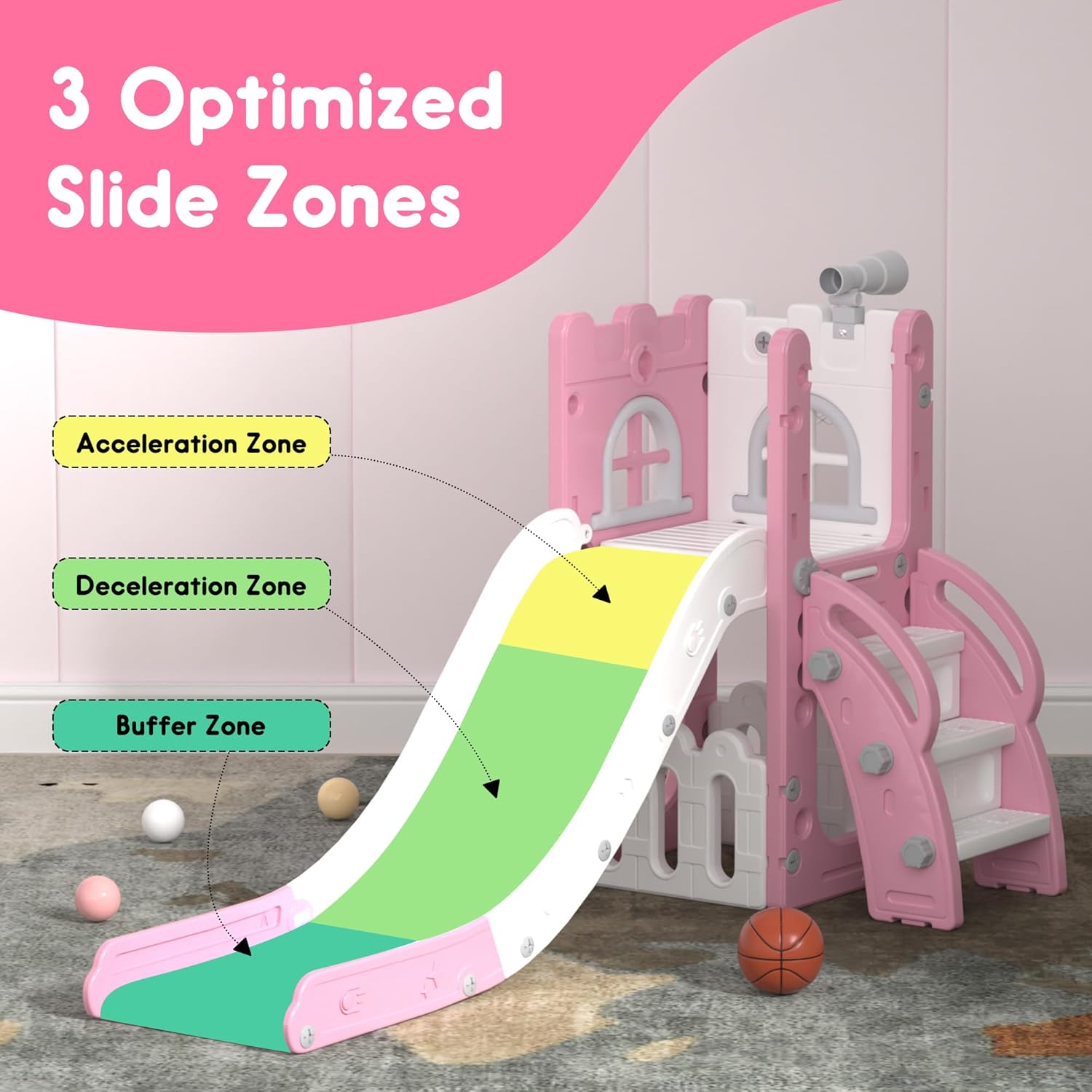 LulliSpace 6 in 1 Toddler Slide,Kids Playset for Toddlers Indoor Outdoor, Baby Slide with Basketball Hoop, Telescope & Storage Space,Non-Slip Steps for Great Gift