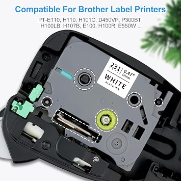 Compatible Label Tape for Brother P-Touch 12 mm TZe-231 0.47 Inch Tape Cassette for PT-1010 D400 H105 H100LB H101 H100R 1000 D200 H107 H101GB Cube Plus, Black on White