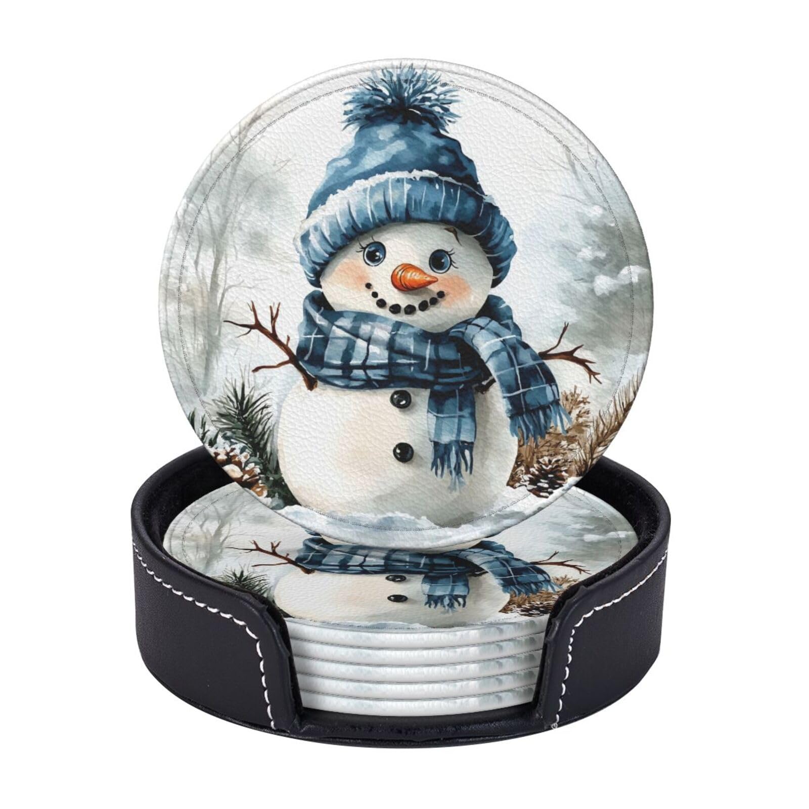 6 Pack Cute Winter Snowman Leather Coasters for Drinks with Holder Sets Cute New Year Heat Resistant Drink Table Cup Coasters for Kitchen Dining Cafe Xmas Table Decor Round