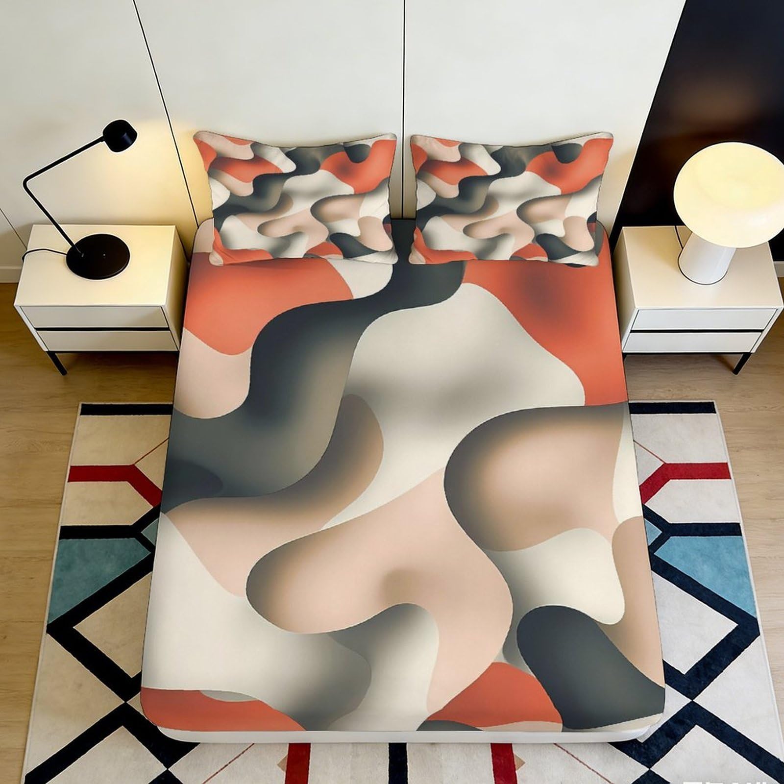 3D Printed Abstract Geometric Fitted Sheet Microfiber Soft Peach Beige Mattress Cover for Bedroom Dorm Decor 90x200x25cm