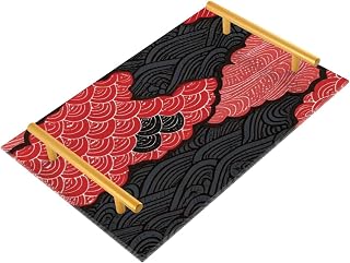 Red Black Japanese Zephyr Cherry Blossom Waves Decorative Dinner Trays with Handles Room Service Tray for Jewelry Perfume for Restaurant Serving bandejas para comida