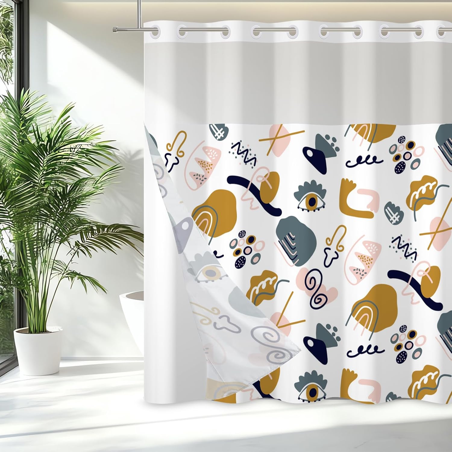 71x71 Inch Without Hook Abstract Shower Curtain and Liner Set Curve Geometry Symbol Fabric Snap in Shower Curtains for Bathroom Modern Funny Illustration Children Bathroom Set