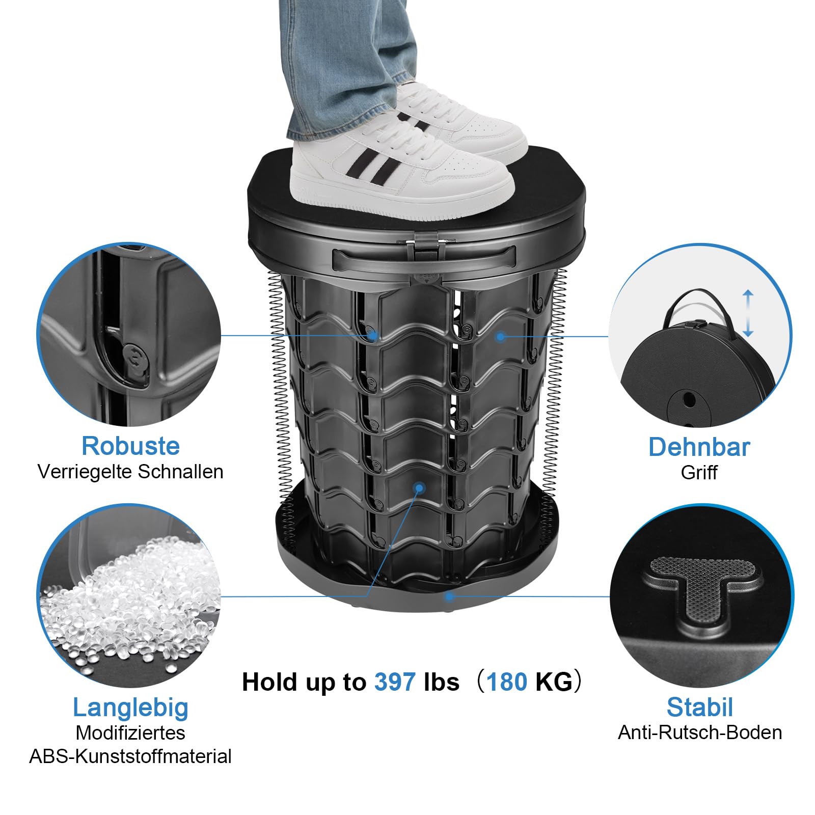 imodomio Camping Portable Toilet for Adults Portable Toilet Comes with 10 Bin Bags and is Ideal for Camping, Hiking, Fishing and Parties. Load Capacity up to 180 kg (Noire, S à Ressort)