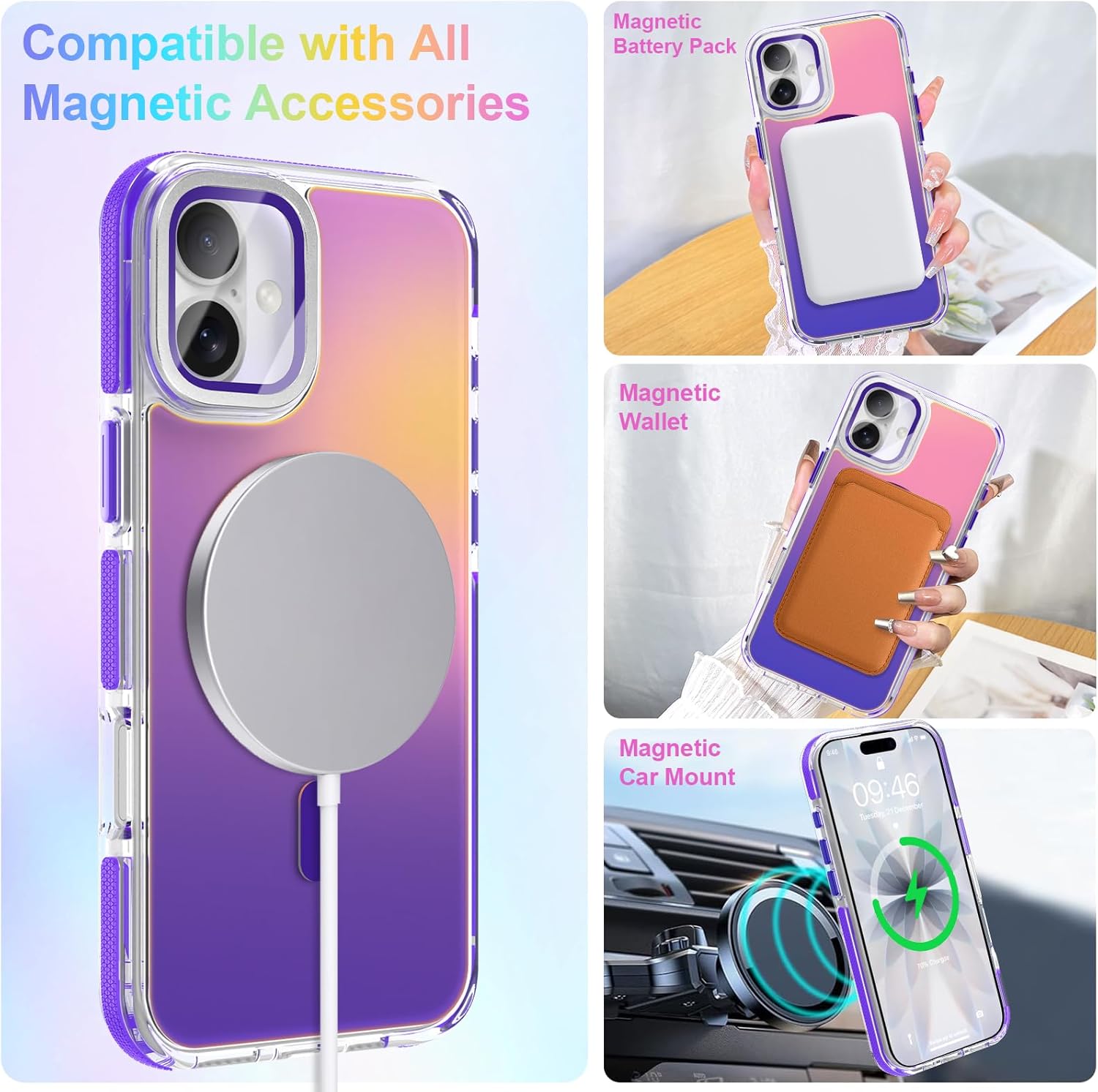 Cute Case for iPhone 17 Case with Camera Lens Protector Stand for Women Girls Men [Compatible with Magsafe] Aesthetic Glitter Sparkly Bling Magnetic Phone Cover, Iridescent Purple