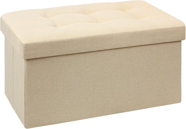 BRIAN & DANY Folding Linen Storage Boxes Footstool Ottoman, Foot Rest Stool, Foldable Seat Bench Footrest - Beige, 76 x 38 x 38 cm