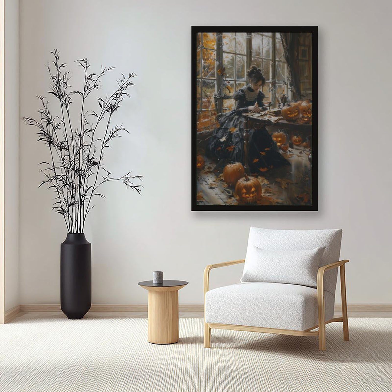 Poster sur toile représentant une femme avec une lanterne citrouille - Décoration pour chambre à coucher, bureau, chambre - Cadeau - 40,6 x 61 cm (L x l)