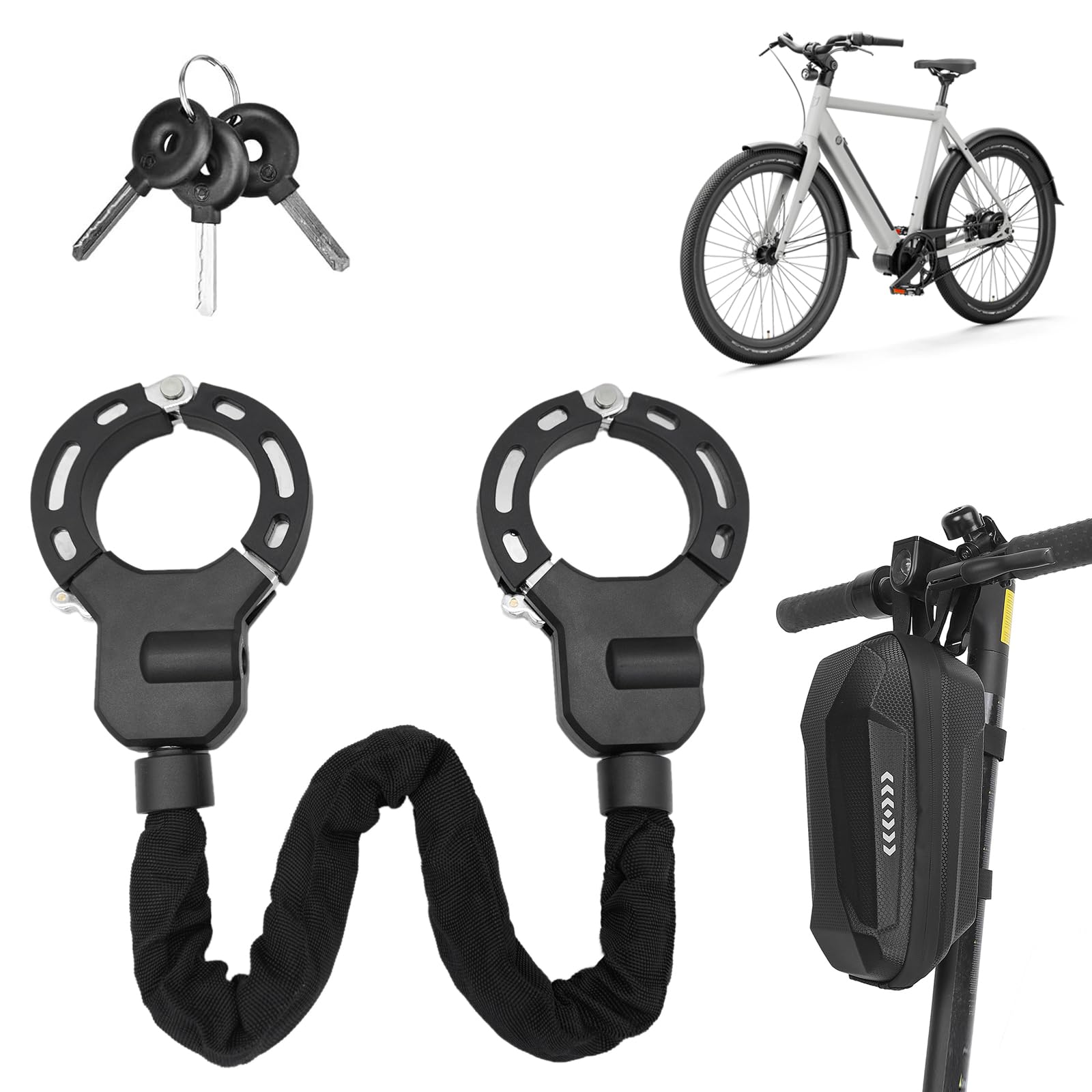Candado Patinete Electrico, Candado Bicicleta, Candado Antirrobo para Scooters con 3 Llave y Bolsa Impermeable, Alta Seguridad Antirrobo Cadena para Patinete Eléctricas, Motos